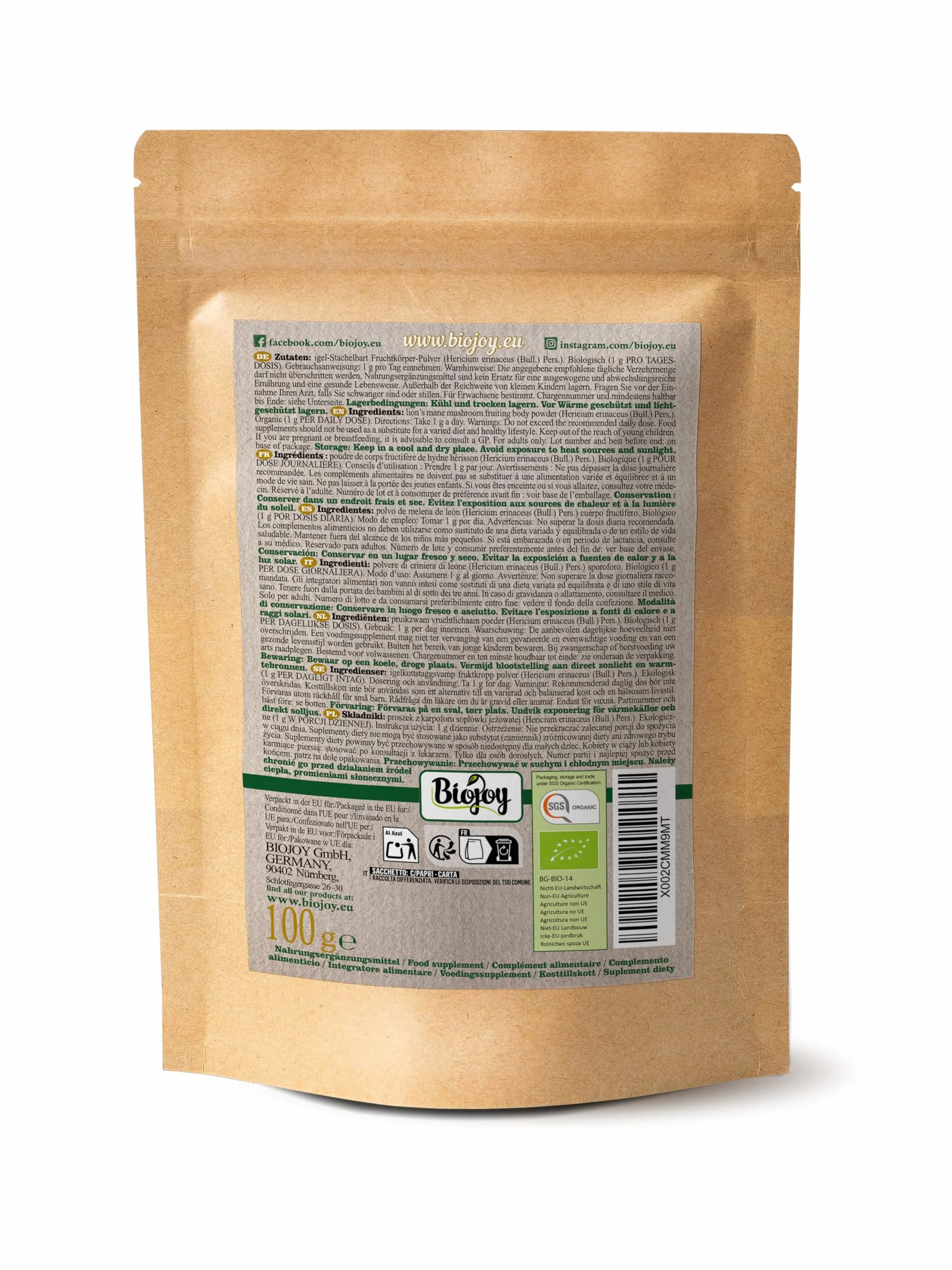 Biojoy Organiczny Grzyb Lwia Grzywa w proszku (100 g), Lion’s Mane, Soplówka Jeżowata suszona i drobno mielona (Hericium erinaceus L.)