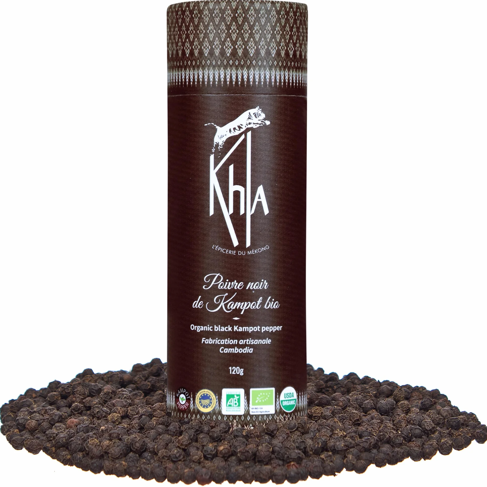 Khla - Kampot pieprz czarny bio 120 g - czarny pieprz całkowicie organiczny - Grand Cru - składnik kuchni - bezpośrednio od producenta - całe ziarna do młynka - z Kambodży
