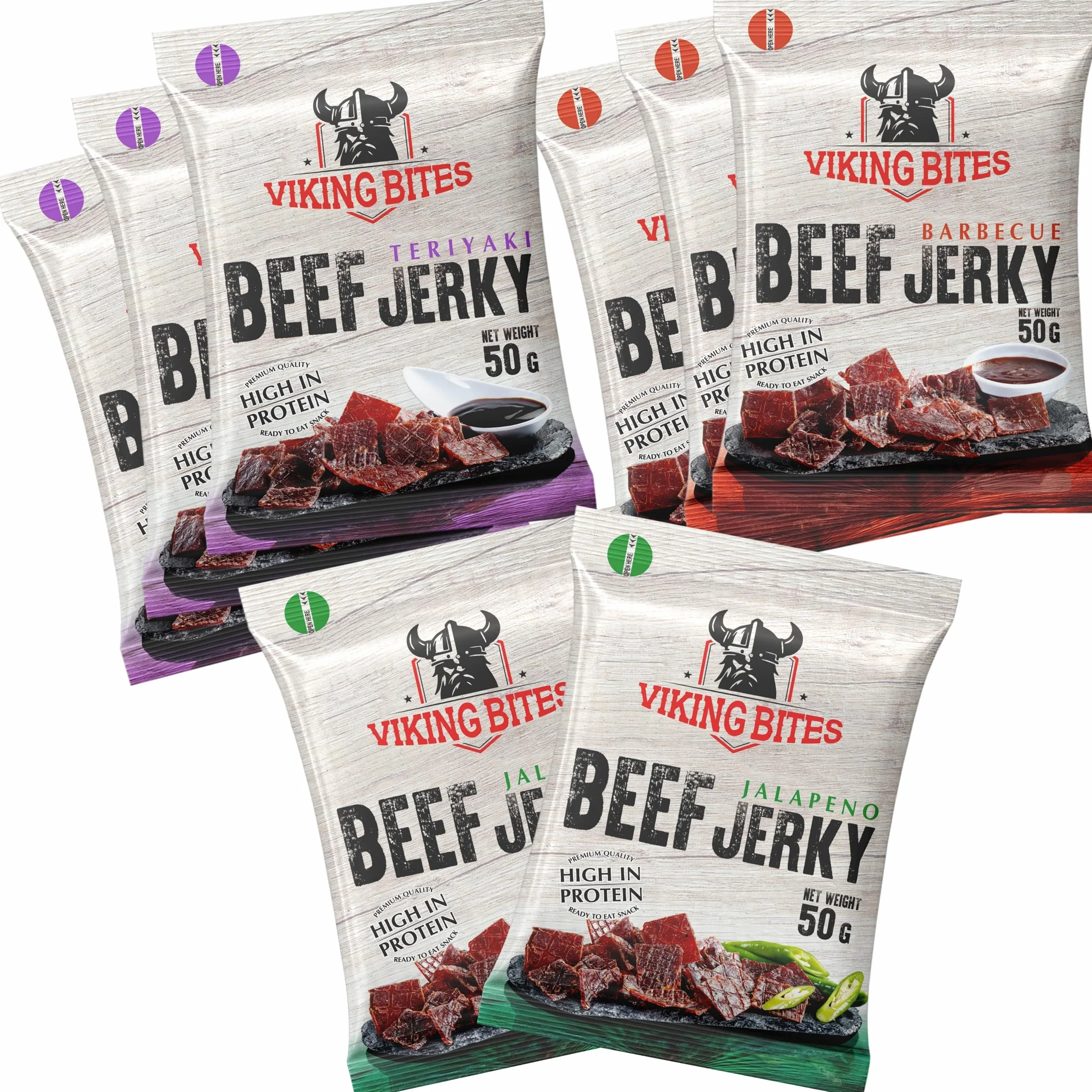 Viking Bites Beef Jerky Mixed box - 400 g (8 x 50 g) – mieszanka suszonej wołowiny, pudełko - 3x Barbecue, 3x Teriyaki, 2x Jalapeno – Przekąska mięsna o wysokiej zawartości białka