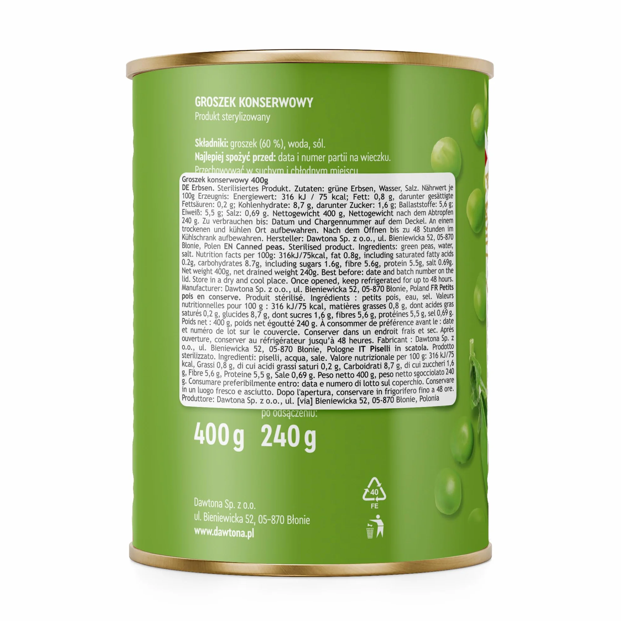 DAWTONA Groszek zielony konserwowy 12 x 400g - Bez konserwantów i sztucznych dodatków - Gotowa do spożycia - Idealny do zup, dodatków i dań jednogarnkowych