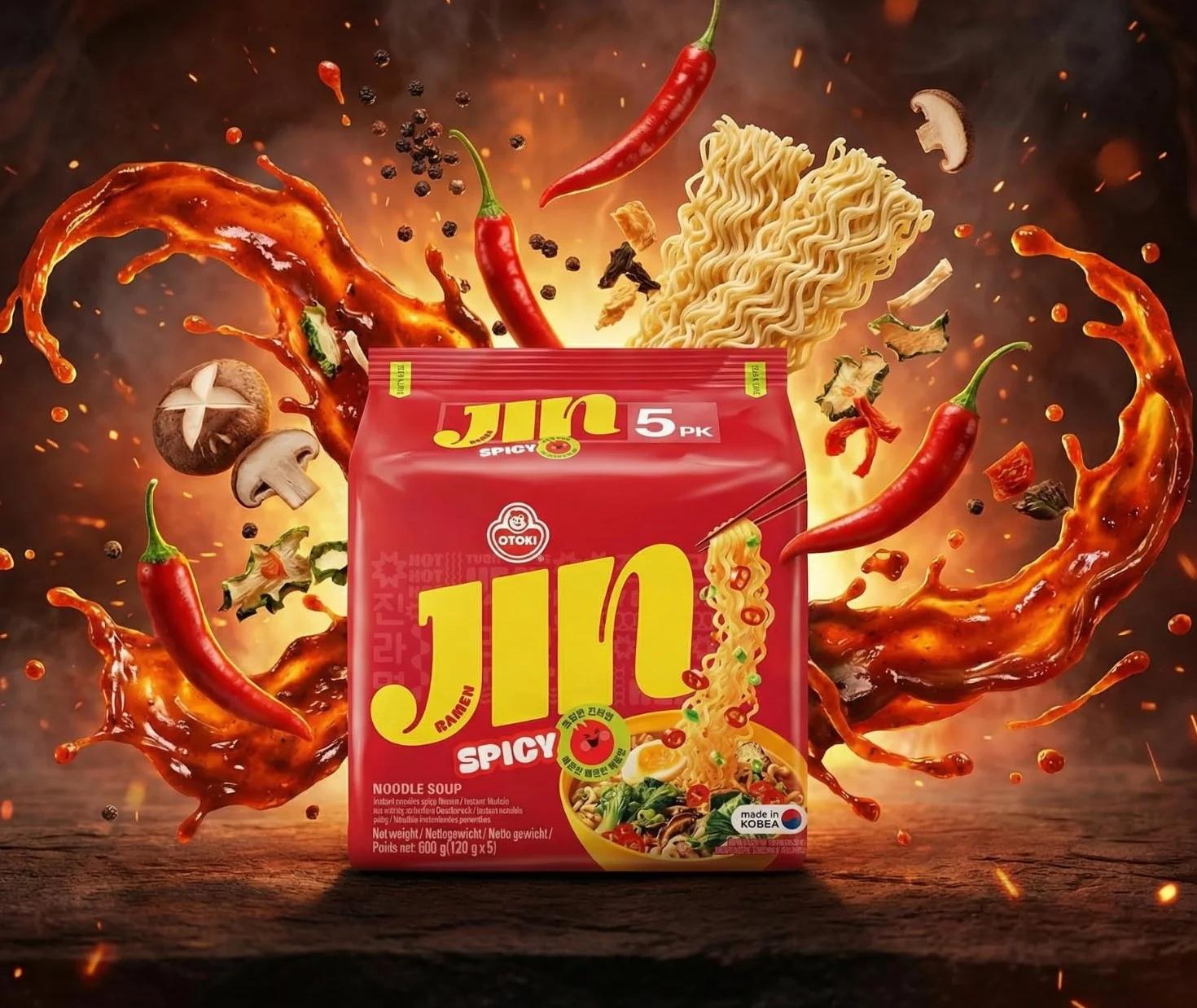 Ottogi Jin Ramen Spicy 5 szt. - makaron instant, ostry, autentyczny, koreański, 5 x 120 g, OG ASIA - 600 g