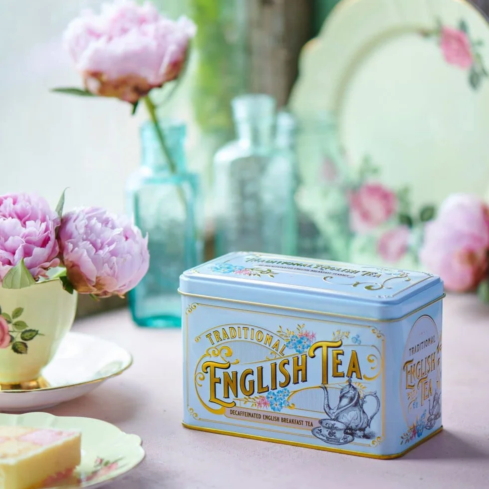 New English Teas Vintage wiktoriański Power Blue pojemnik na herbatę z 40 bezkofeinowymi angielskimi herbatami śniadaniowymi