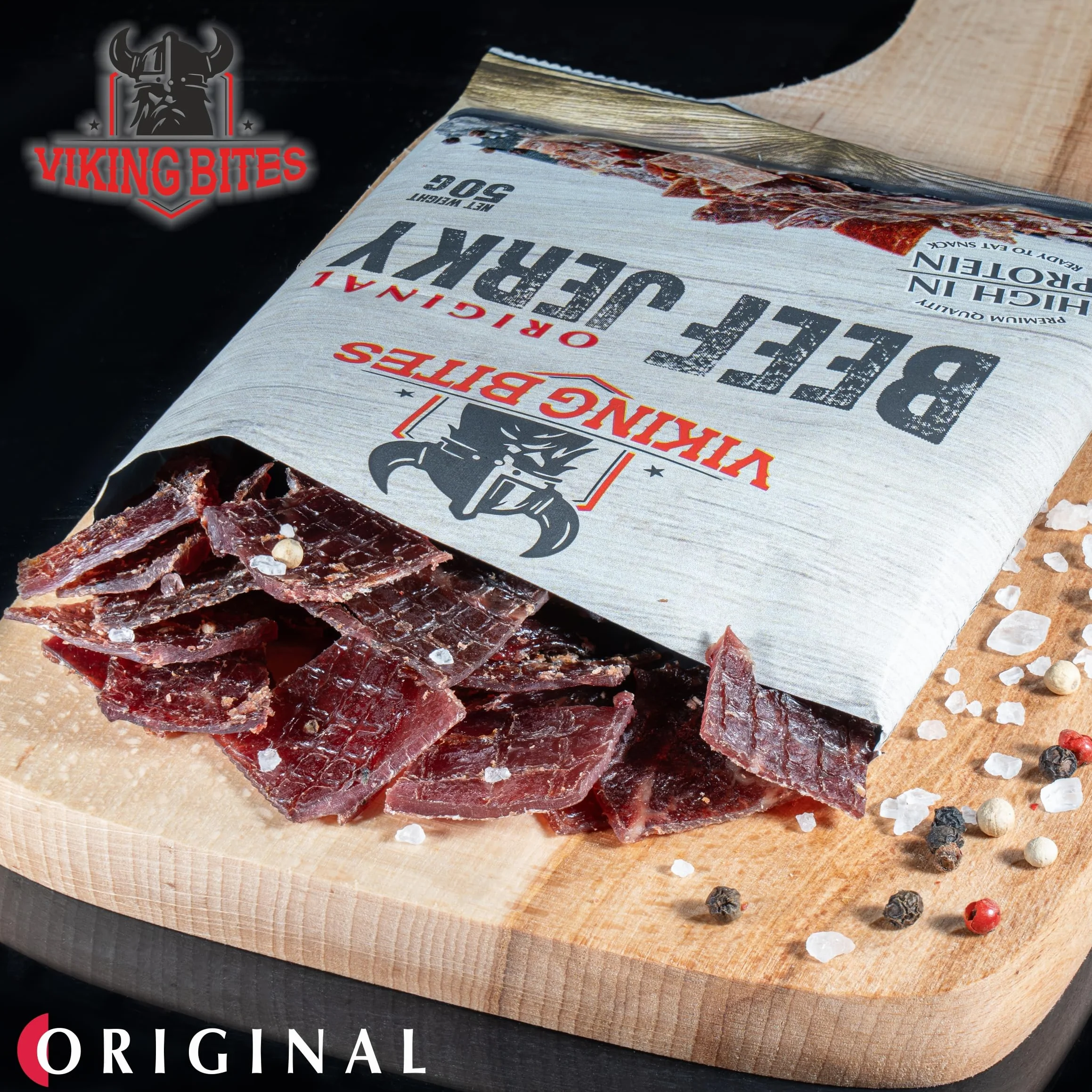 Viking Bites Beef Jerky Original 400 g (8 x 50 g) – Suszona wołowina Oryginalna – Przekąska mięsna o wysokiej zawartości białka