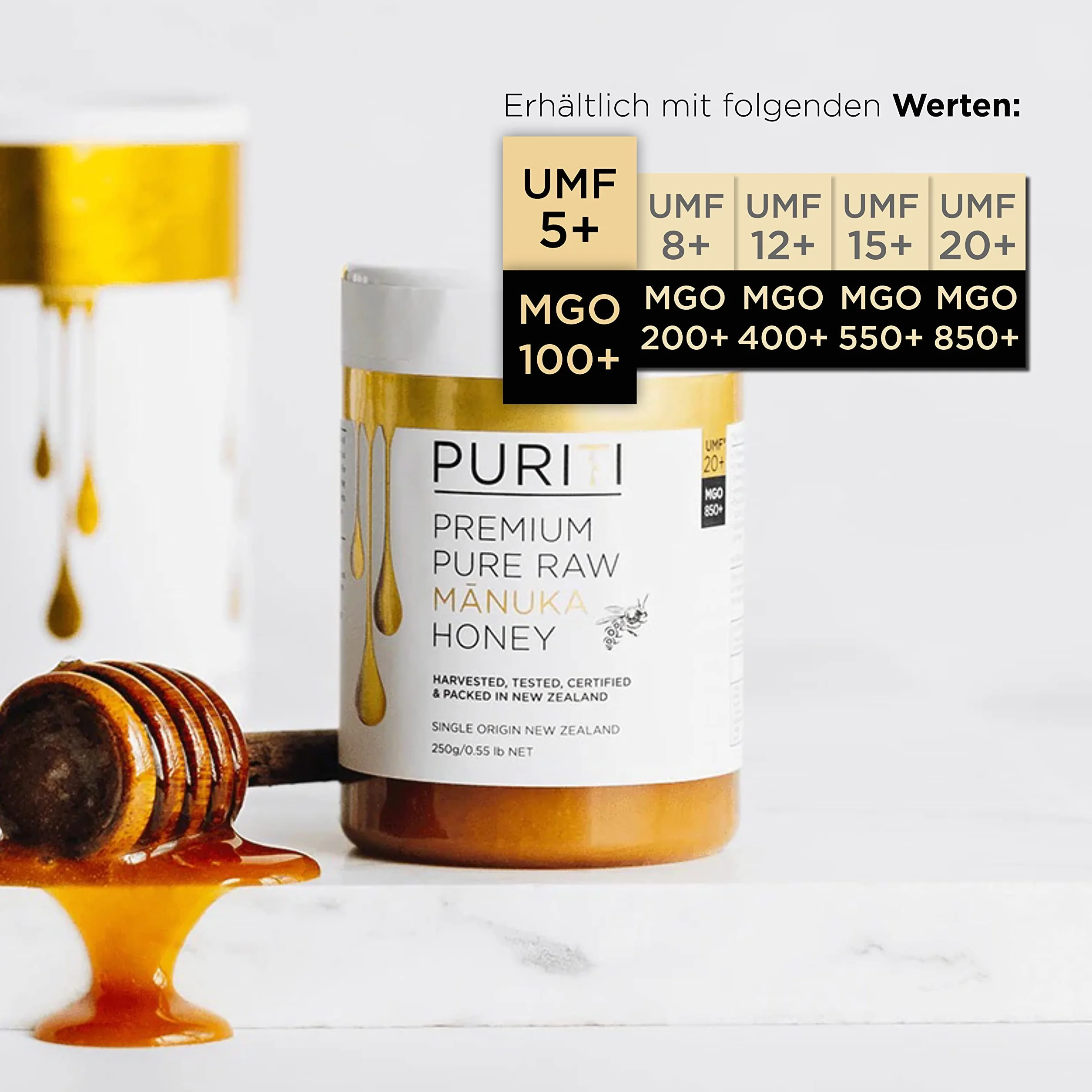 PURITI Miód Manuka MGO 100+ 250 g z Nowej Zelandii certyfikowany metyloglioksal
