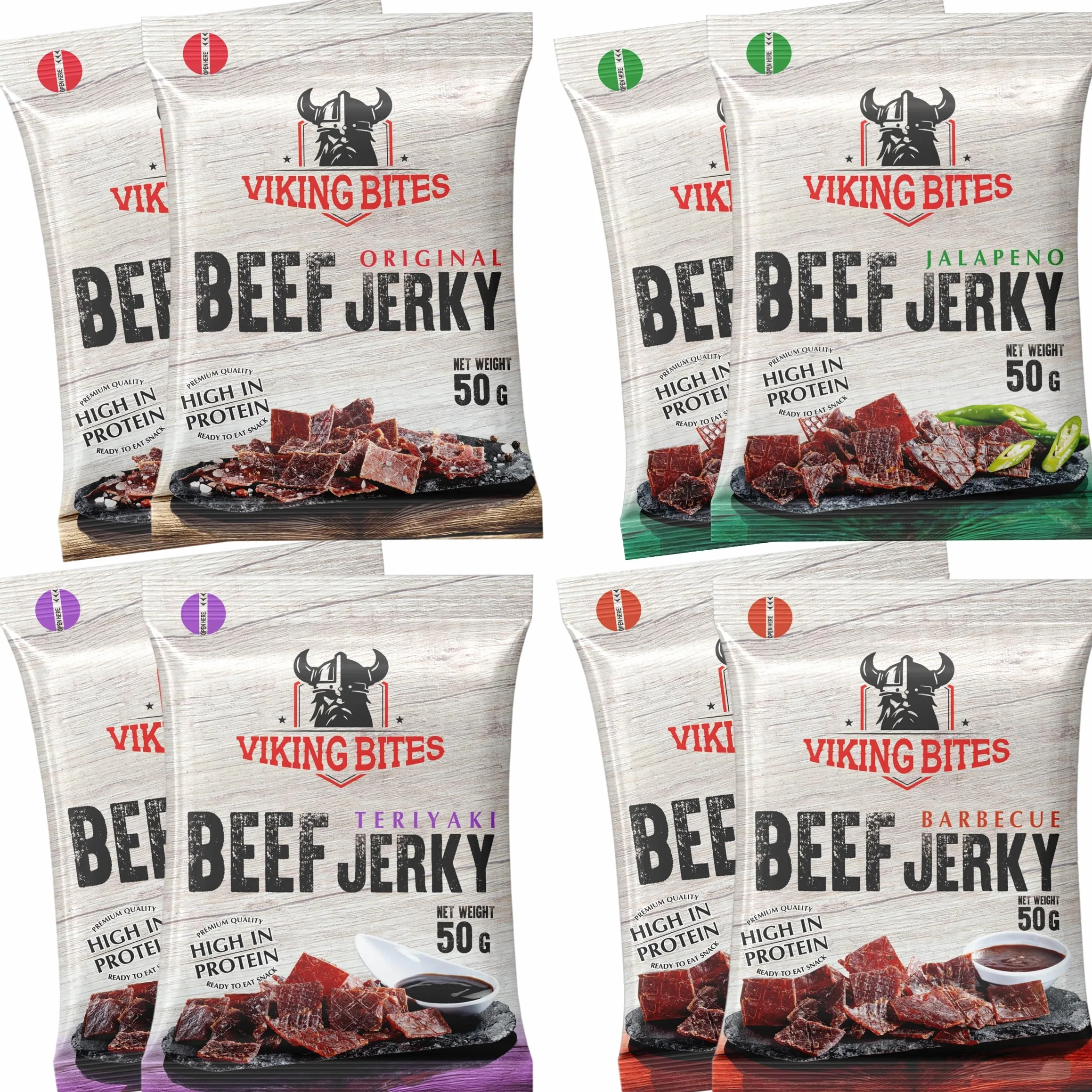 Viking Bites Beef Jerky Mixed box - 400 g (8 x 50 g) – mieszanka suszonej wołowiny, pudełko - 2x Oryginalna, 2x Jalapeno, 2x Barbecue, 2x Teriyaki – Przekąska mięsna o wysokiej zawartości białka