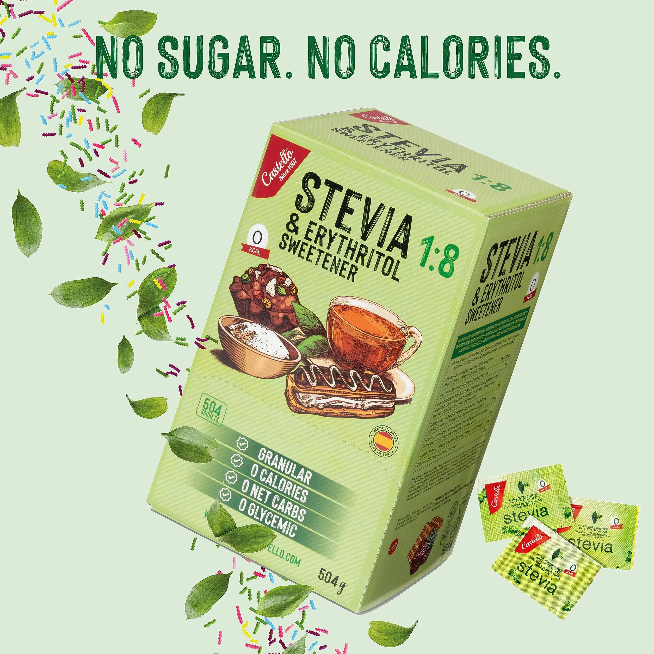 Słodzik Stevia + Erytrytol 1:8 | 504 saszetki po 1g | Słodzik o 100% naturalnym smaku - 0 Kalorii - 0 Indeks Glikemiczny - Keto i Paleo - 0 Węglowodanów Netto - Bez GMO - Castello since 1907-504 g