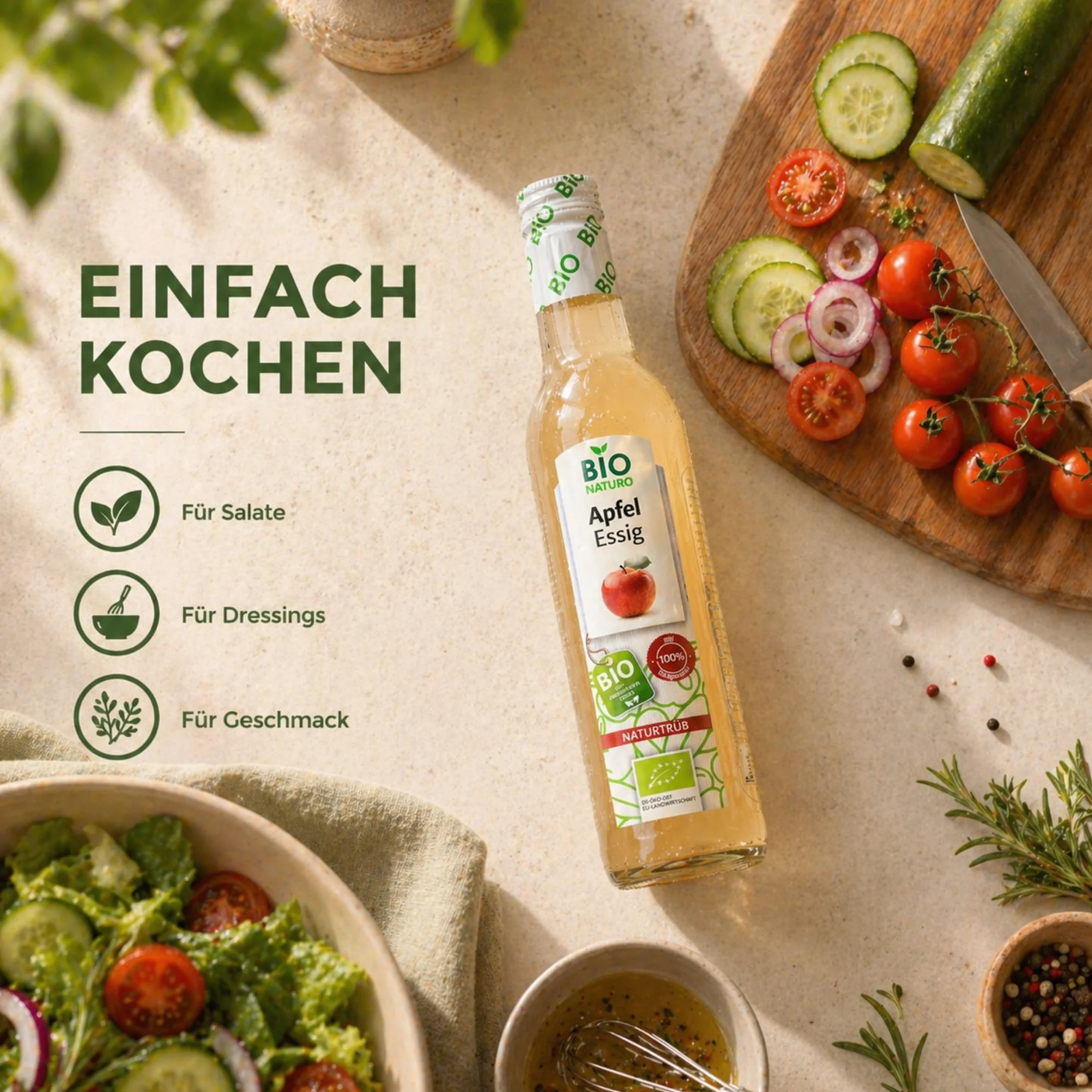 BioNaturo - Bio ocet jabłkowy, naturalny mętny 3 x 250 ml – niefiltrowany, z "matką octu", idealny do sałatek, sosów i korzyści zdrowotnych