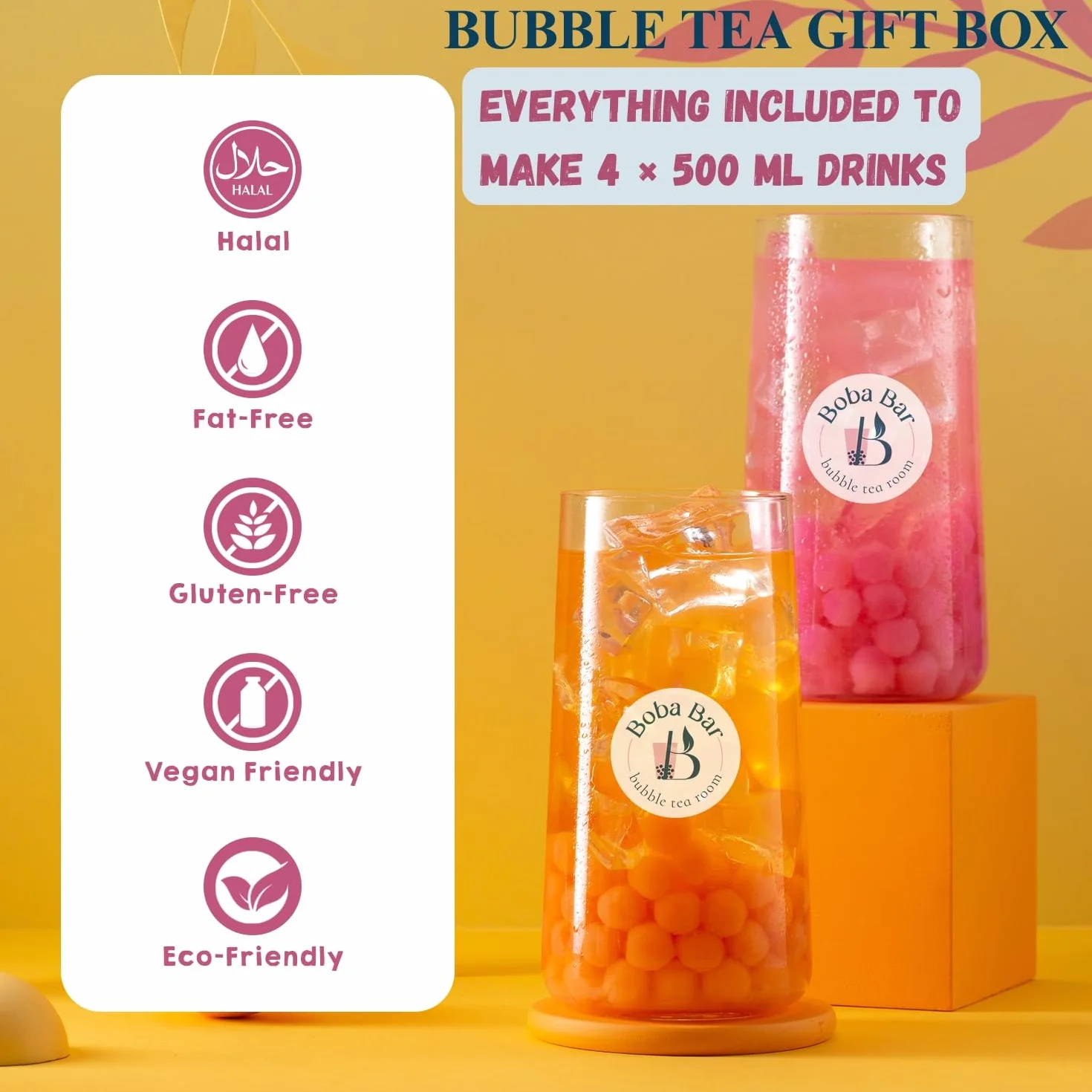 Egzotyczne Eskapady - Zestaw Owocowej Bubble Tea | 4 Smaki Herbat Owocowych | 4 - Popping Boba i dodatki do galaretek | Wegańskie i bezglutenowe (dla 4 osób) | Herbata bąbelkowa z perłami tapioki