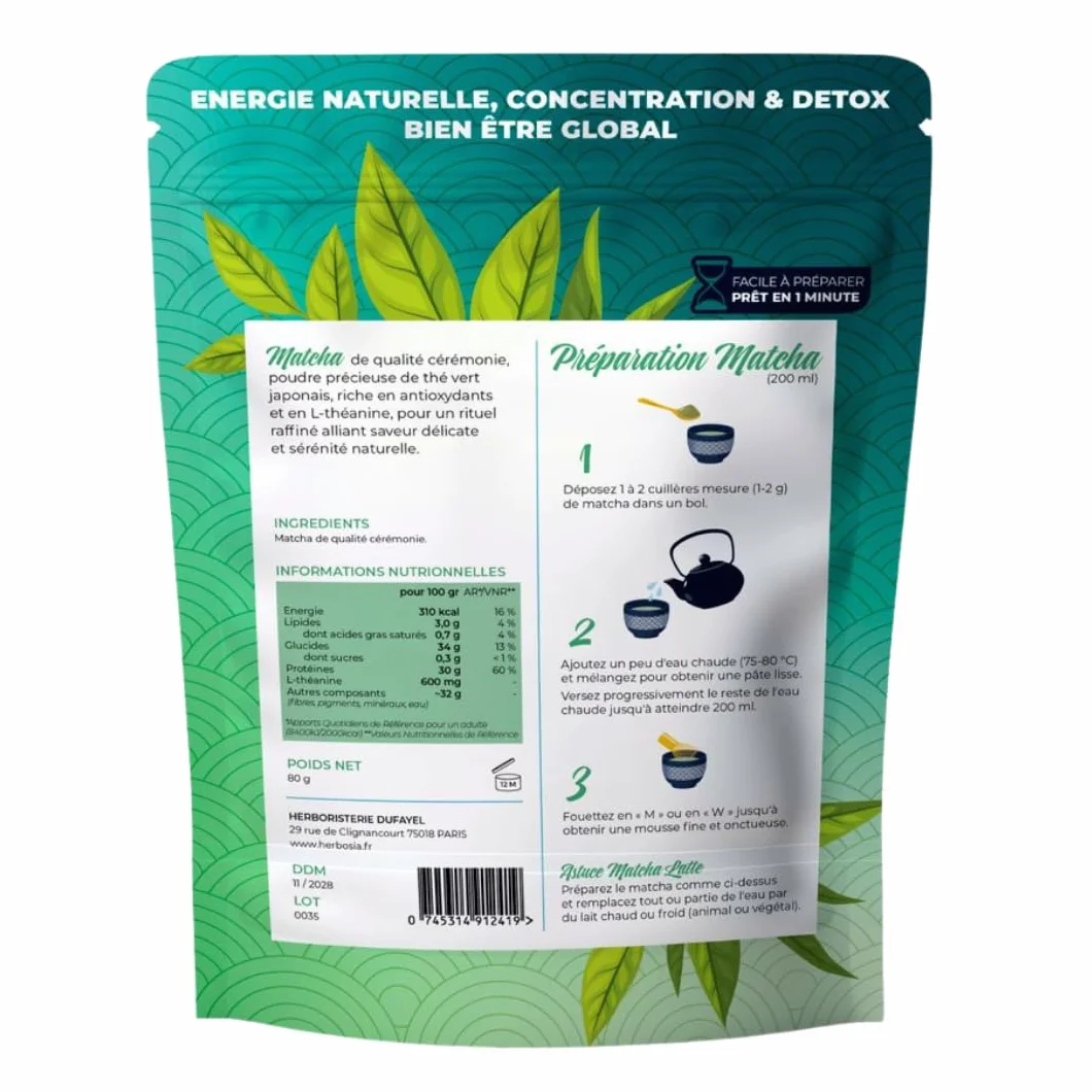 HERBOSIA Japońska matcha - jakość ceremonialna - bogata w L-teaninę i przeciwutleniacze - bez goryczki - 100% naturalna - 80 g + łyżka do dozowania w zestawie (80g, naturalna)