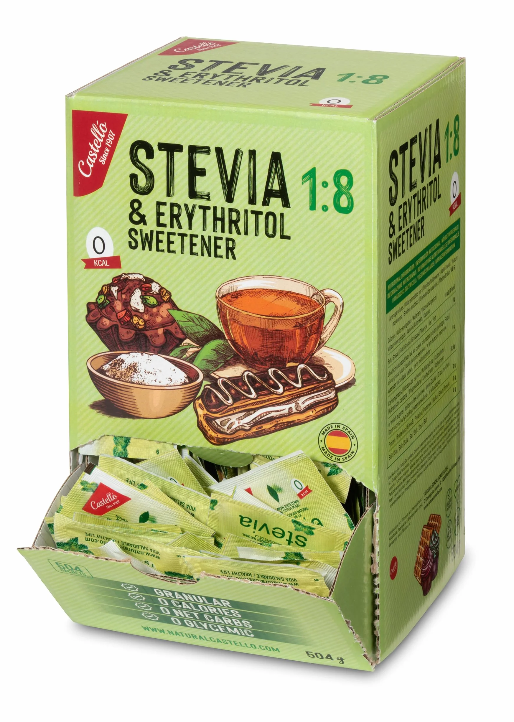 Słodzik Stevia + Erytrytol 1:8 | 504 saszetki po 1g | Słodzik o 100% naturalnym smaku - 0 Kalorii - 0 Indeks Glikemiczny - Keto i Paleo - 0 Węglowodanów Netto - Bez GMO - Castello since 1907-504 g