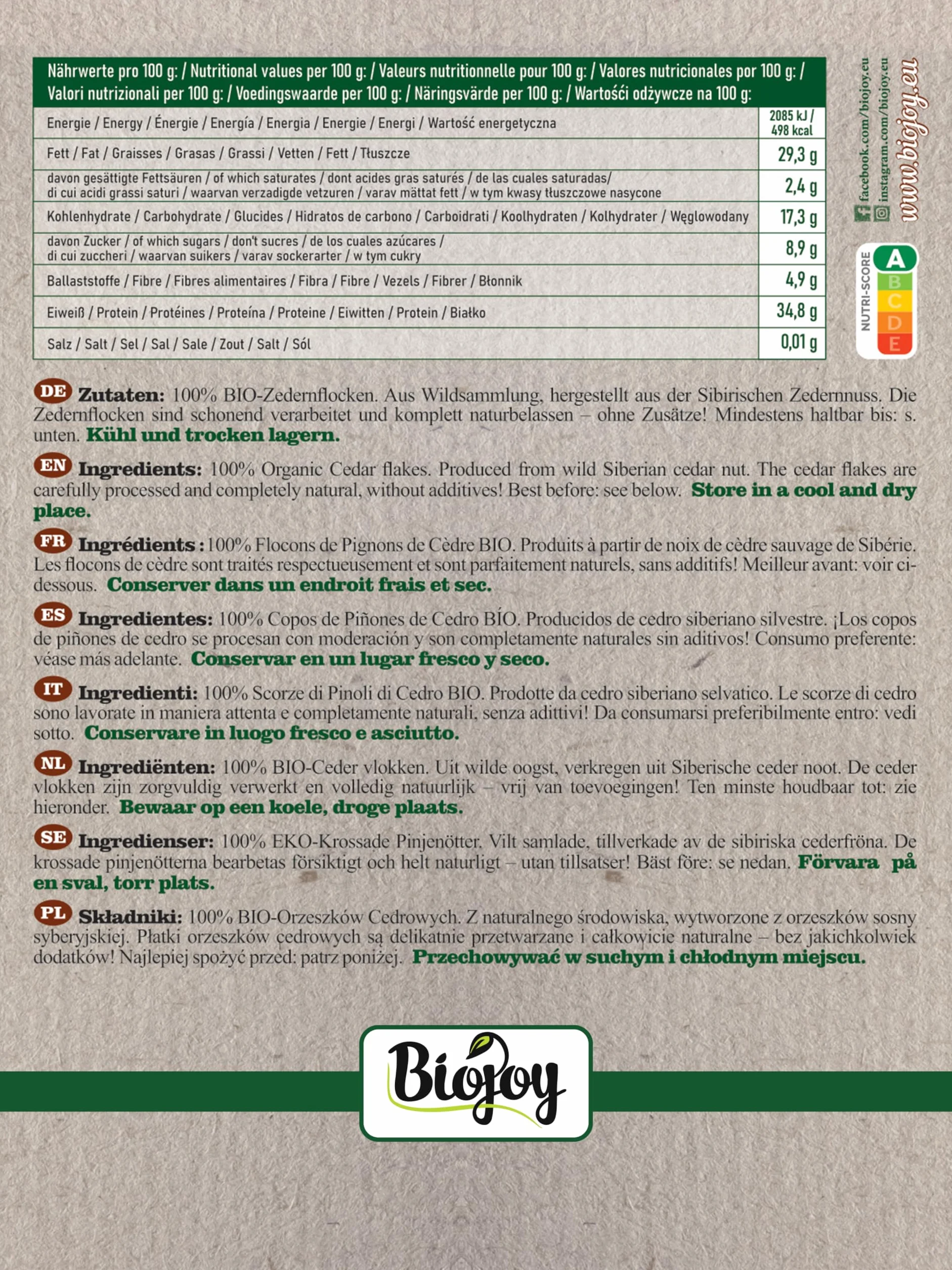 Biojoy BIO-płatki cedrowe z syberyjskiego pestek pinii - Pinus sibirica (250 g)