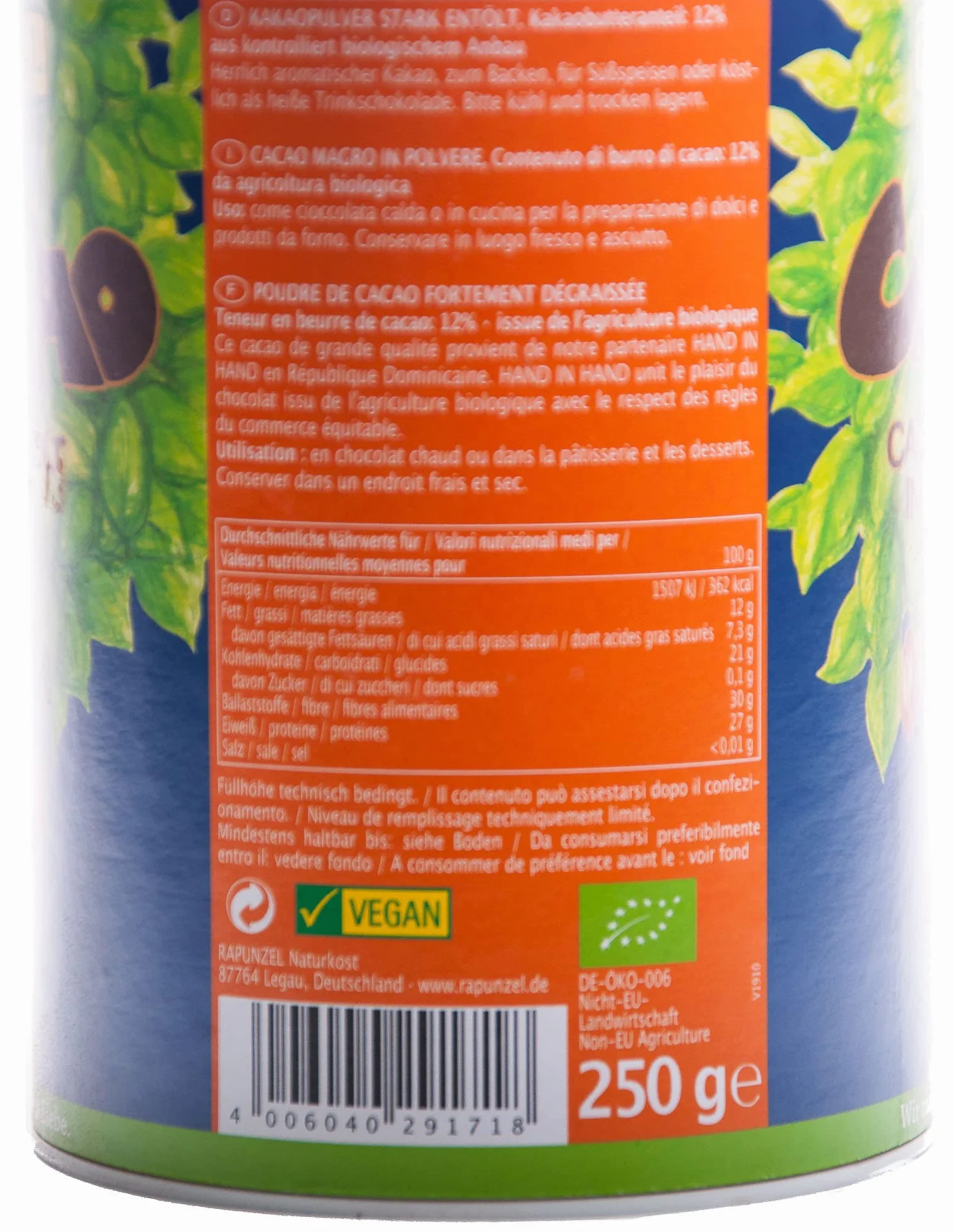Rapunzel kakao w proszku mocno odtłuszczone Bio 250 g