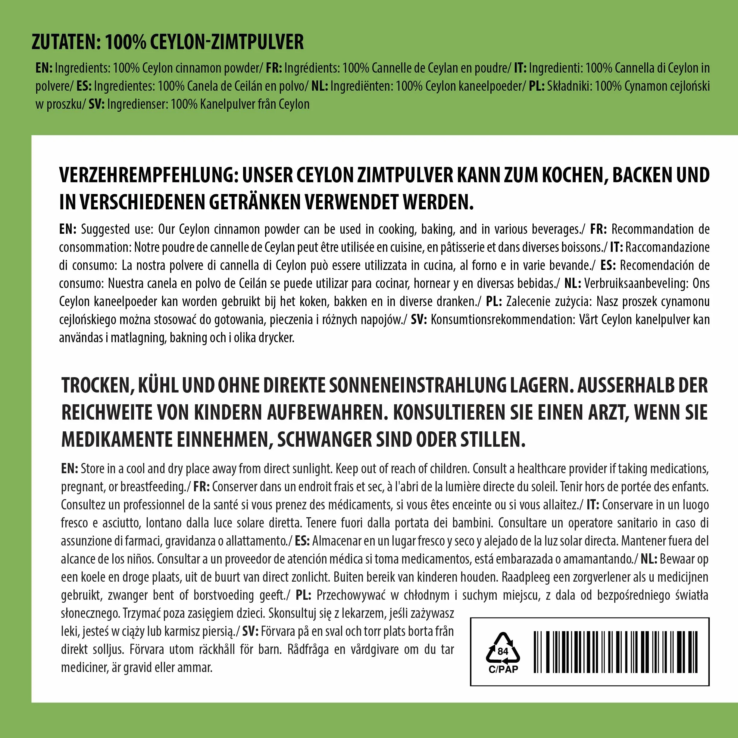 Ceylon cynamon (500 g), proszek cynamonowy, 100% naturalny, delikatnie suszony i mielony, naturalny bez dodatków, wegański