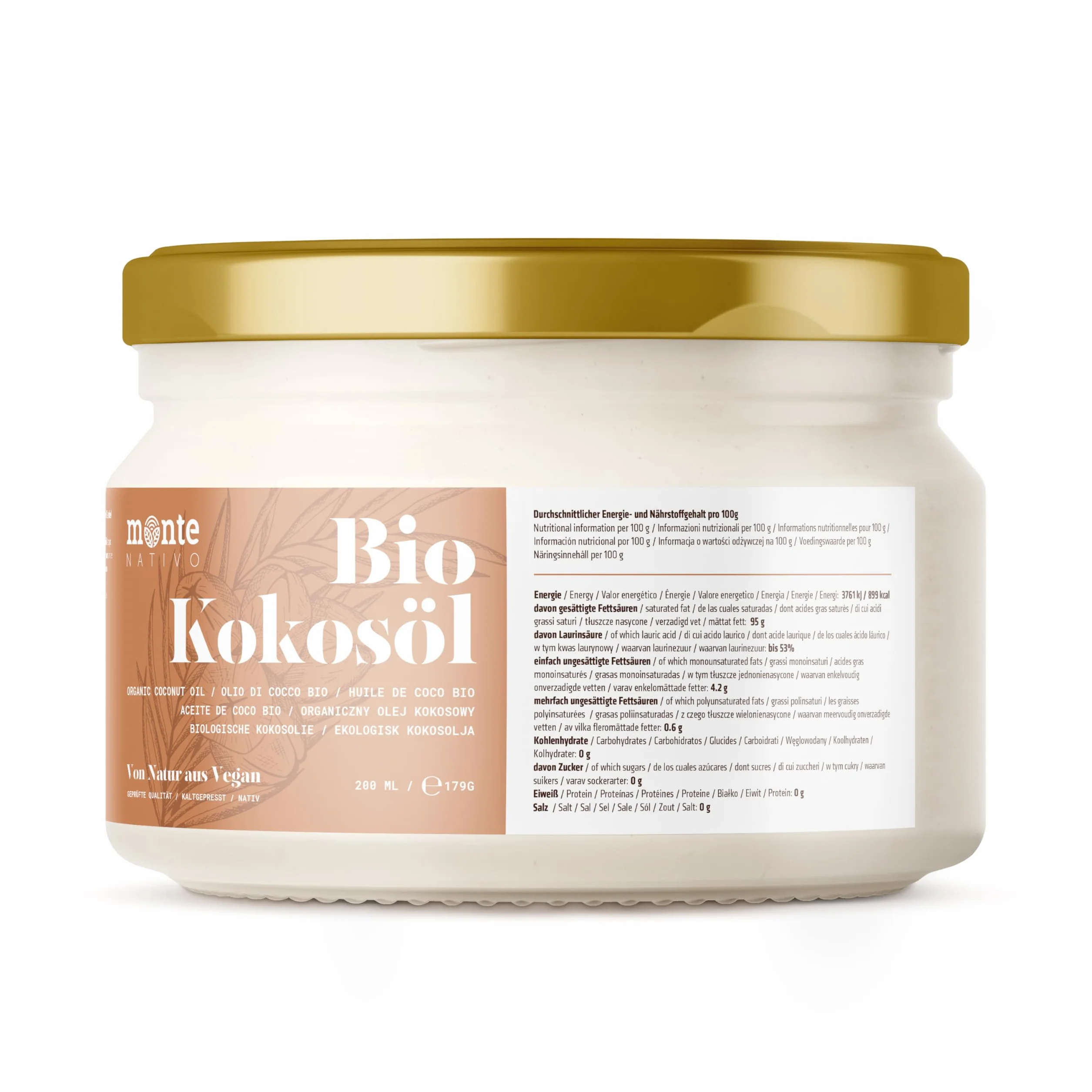 Olej kokosowy Bio Monte Nativo 200 ml czysty tłuszcz kokosowy ekologiczny tłoczony na zimno do gotowania