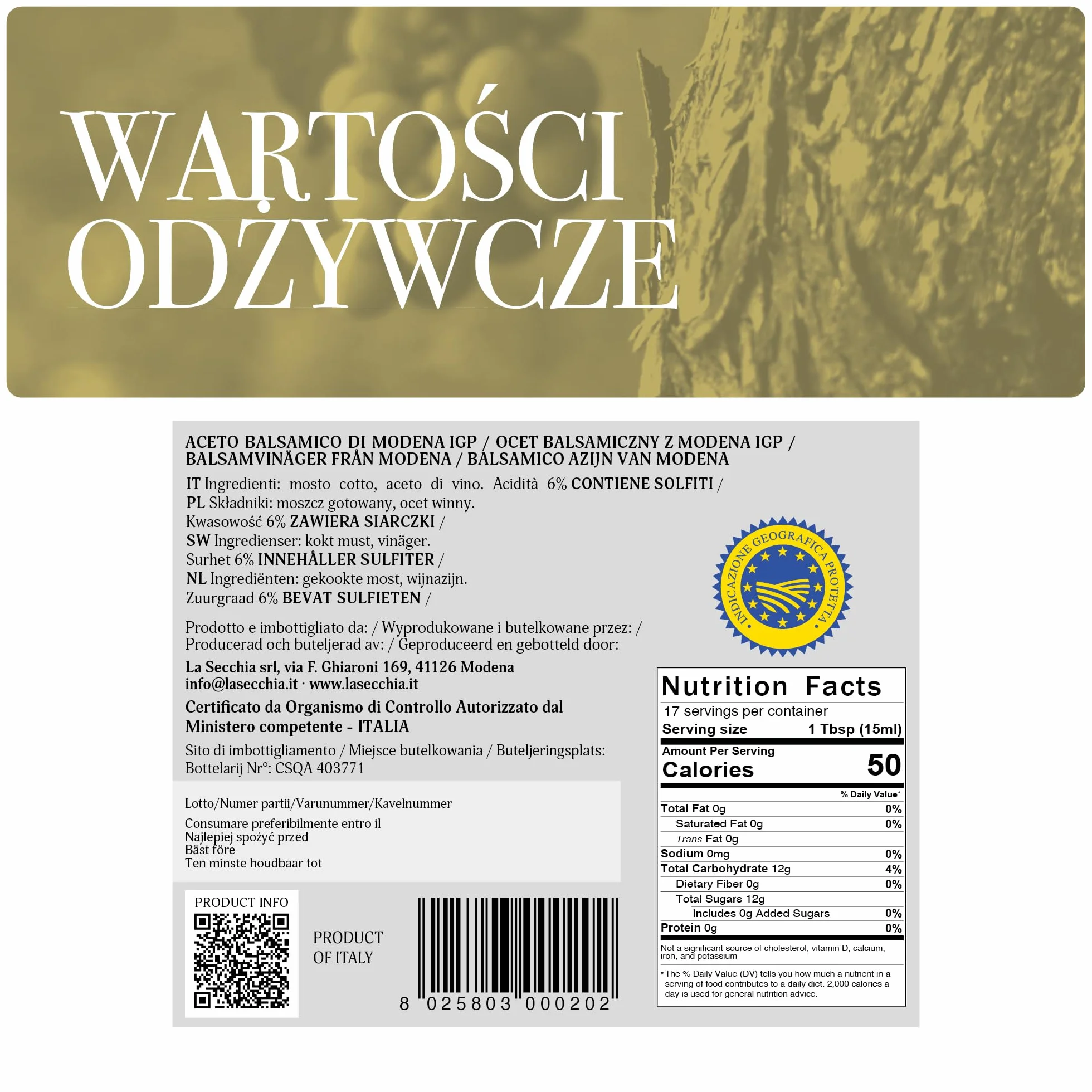 La Secchia - "Cinque Stelle" ChOG Ocet Balsamiczny z Modeny, Dojrzewający w 20 Beczkach z Różnych Gatunków Drewna, Wysoka Gęstość, Butelka 250 ml z Korkiem