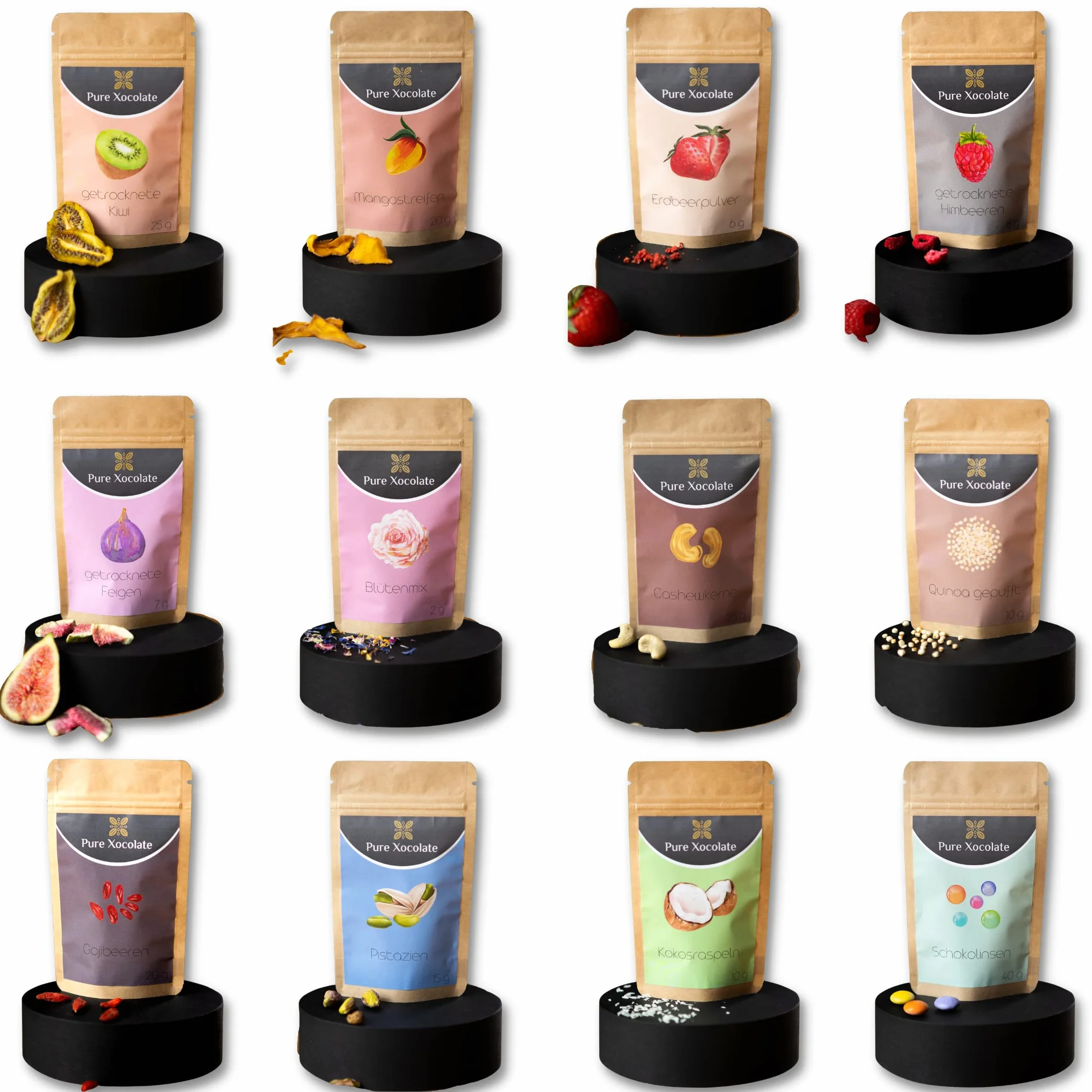 Pure Xocolate Dekoracyjne toppingi – zestaw 12 sztuk, niesłodzone dekoracje do ciast, babeczek, smoothie, czekolady, owsianki, suszone owoce bez dodatków, prezent dla piekarzy hobbystów