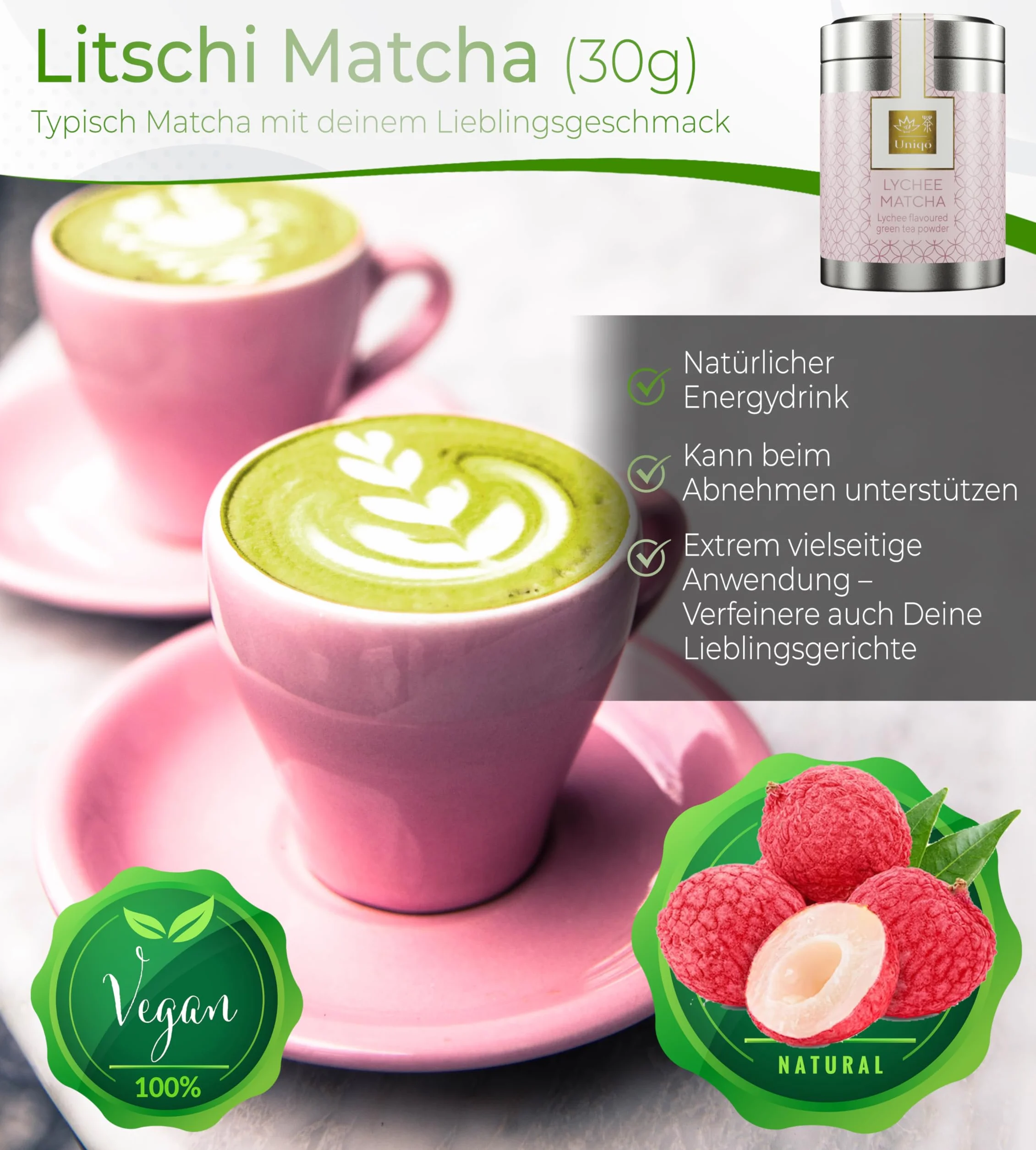 Tea Uniqo – Litchi matcha w proszku – idealny do Bubbletea, lodu lub smoothies – matcha latte w proszku o smaku liczi, bez sztucznych barwników w szlachetnej puszce