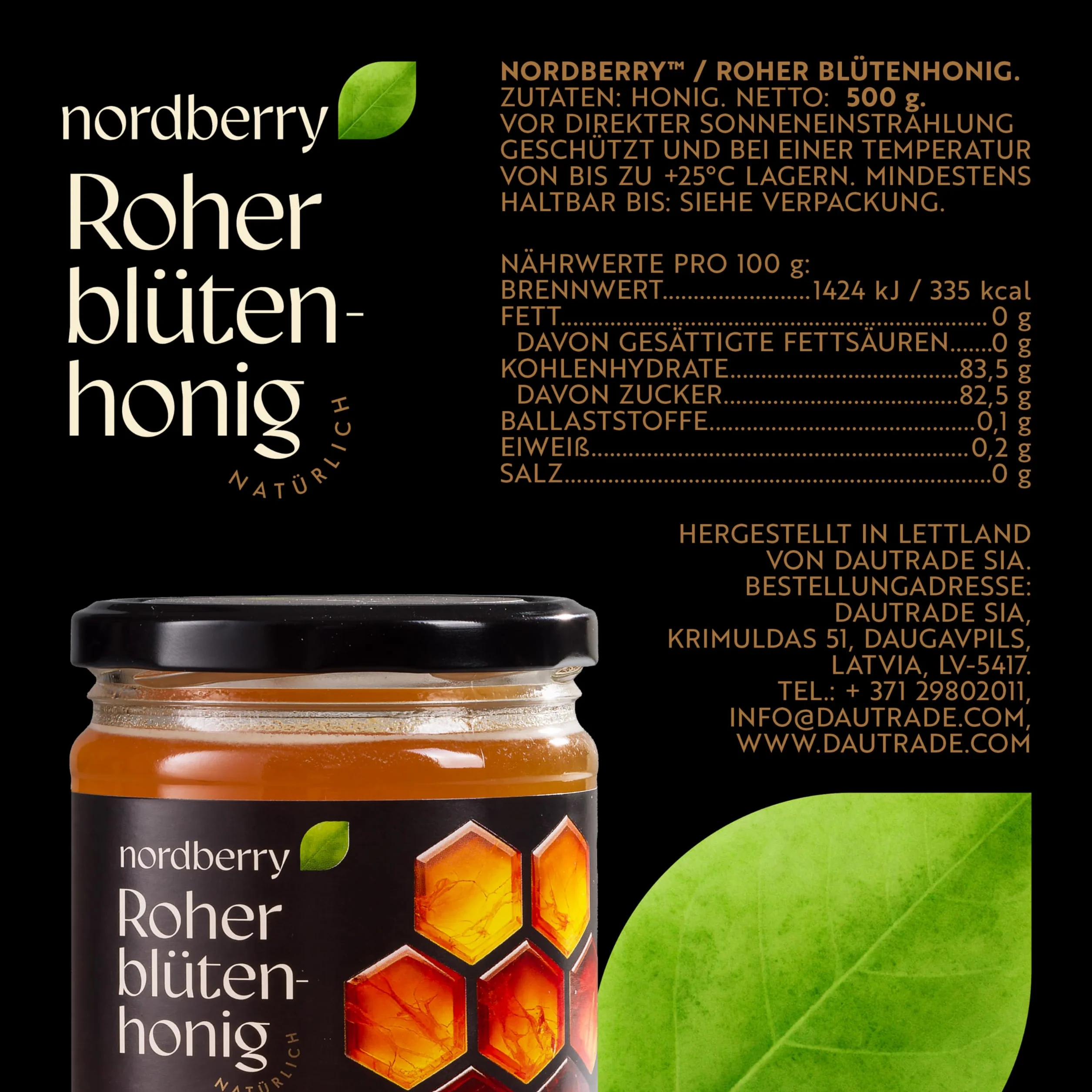 Nordberry 1 kg surowy miód wielokwiatowy – czysty, naturalny i niefiltrowany z Łotwy – (2 x 500 g)