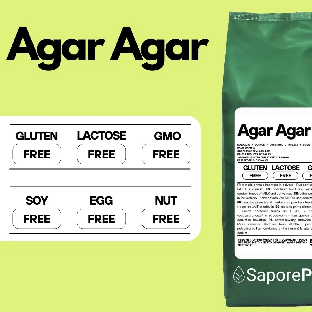 SaporePuro AGAR AGAR w proszku 500 g – Naturalny środek żelujący BEZ GLUTENU – Idealny do kuchni molekularnej, jako zagęszczacz do deserów, dżemów, budyniów i lodów