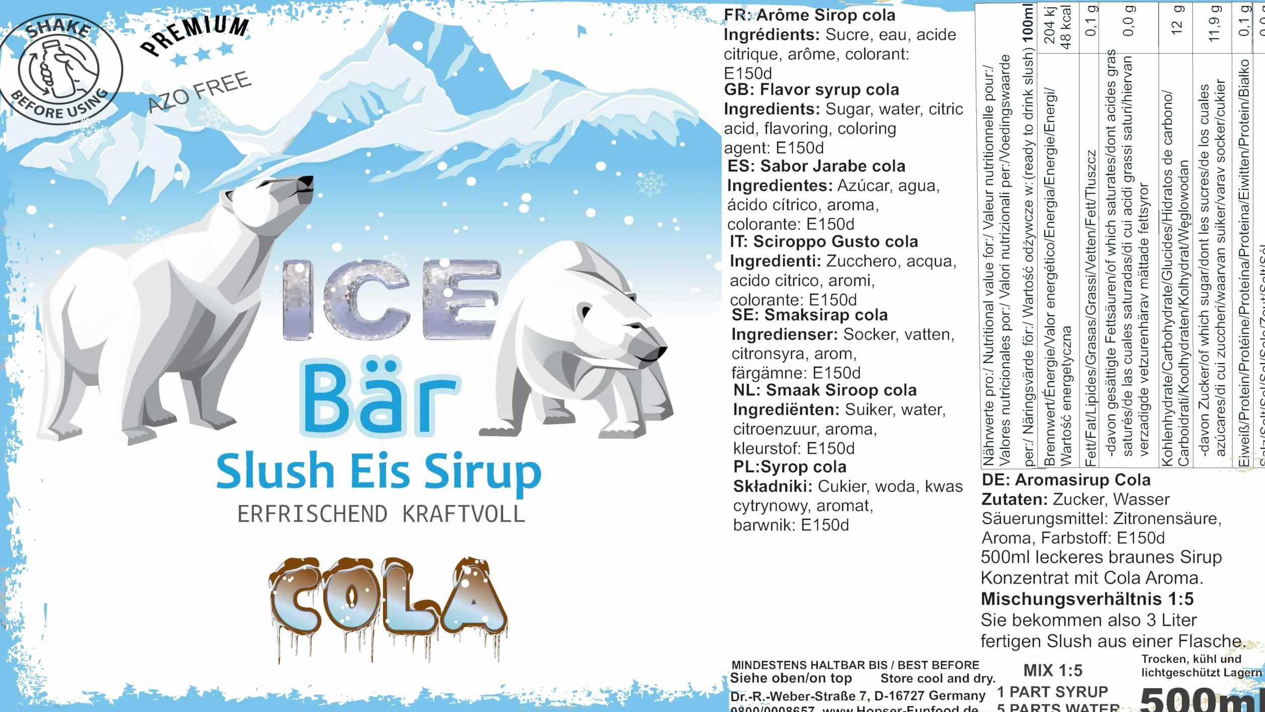 ICE Niedźwiedź syrop bez AZO | butelka 500 ml | koncentrat do slushy napojów, maszyn do lodów, slushów, maszyn do lodów od 1:5 do 1:20 (500 ml, cola)