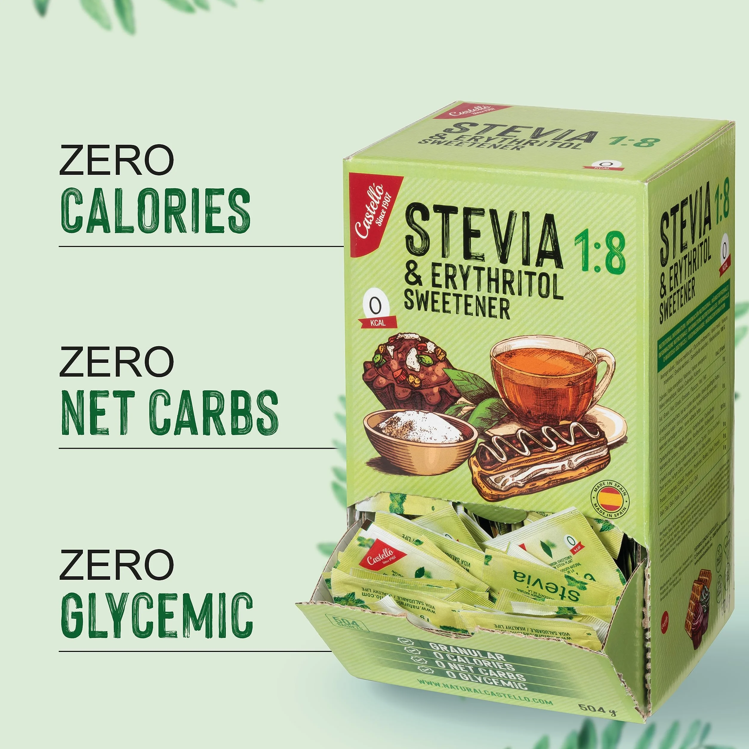 Słodzik Stevia + Erytrytol 1:8 | 504 saszetki po 1g | Słodzik o 100% naturalnym smaku - 0 Kalorii - 0 Indeks Glikemiczny - Keto i Paleo - 0 Węglowodanów Netto - Bez GMO - Castello since 1907-504 g