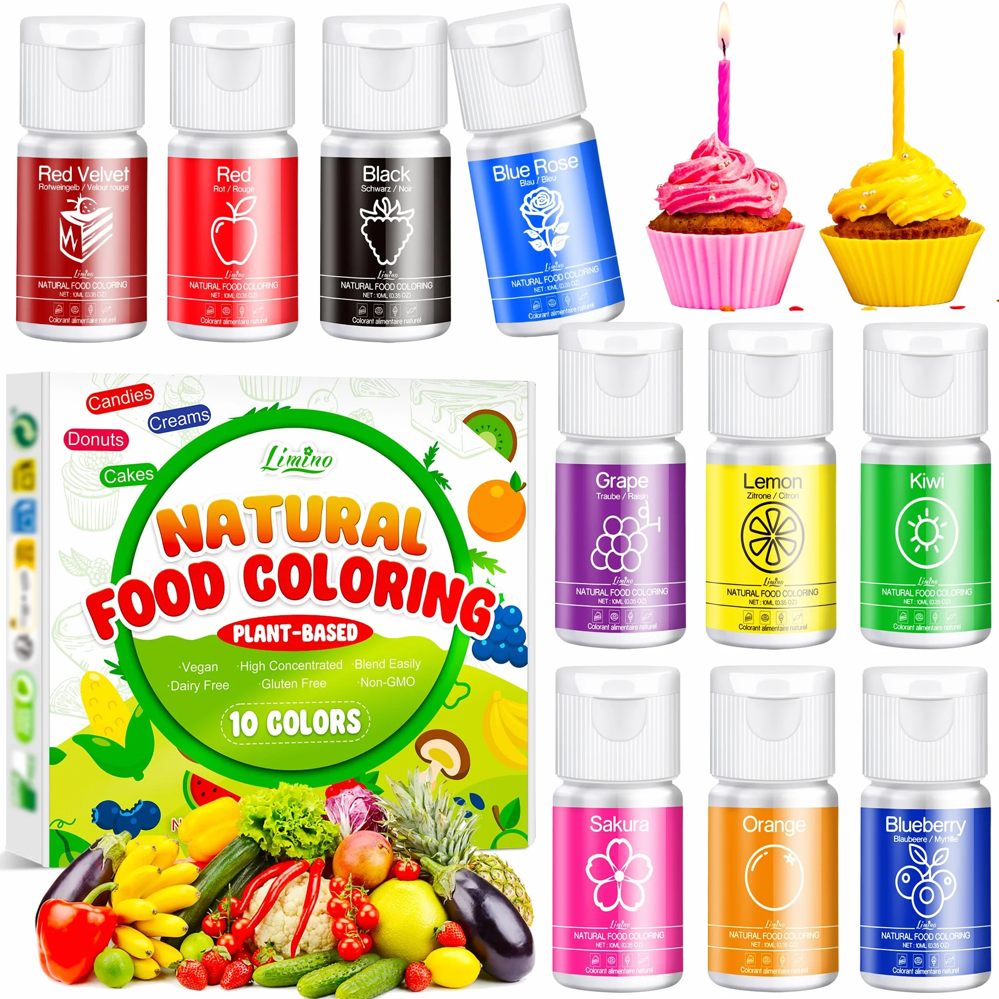 Naturalny barwnik spożywczy – 10 x 10 ml płynne barwniki spożywcze na bazie roślin, nie zawiera sztucznych barwników, czysto naturalne kolory do pieczenia, dekorowania ciasta, fondantu, lukru