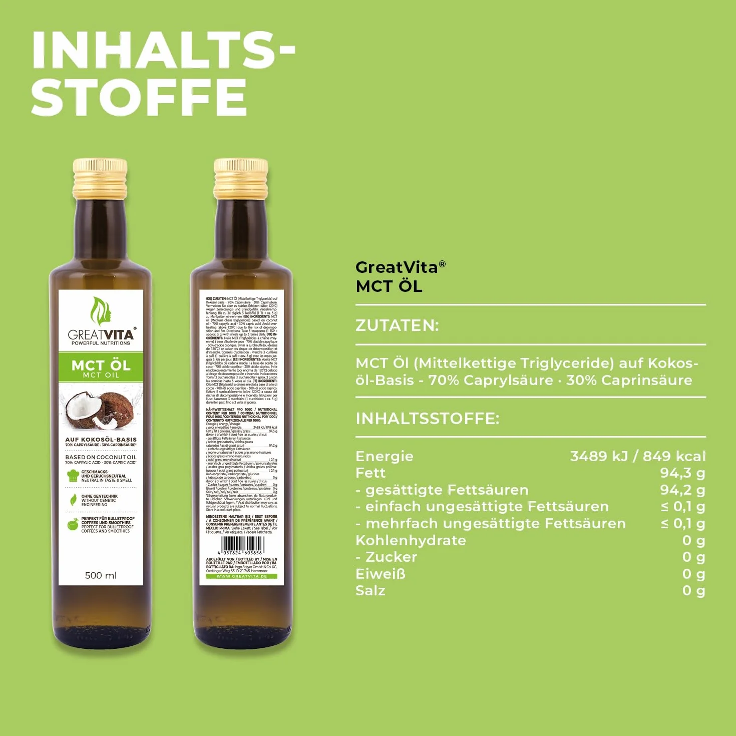 Olej MeaVita MCT na bazie oleju kokosowego (1 x 500 ml) C8 & C10, wysoka jakość, 70% kwasu kaprylowego i 30% kwasu kaprowego