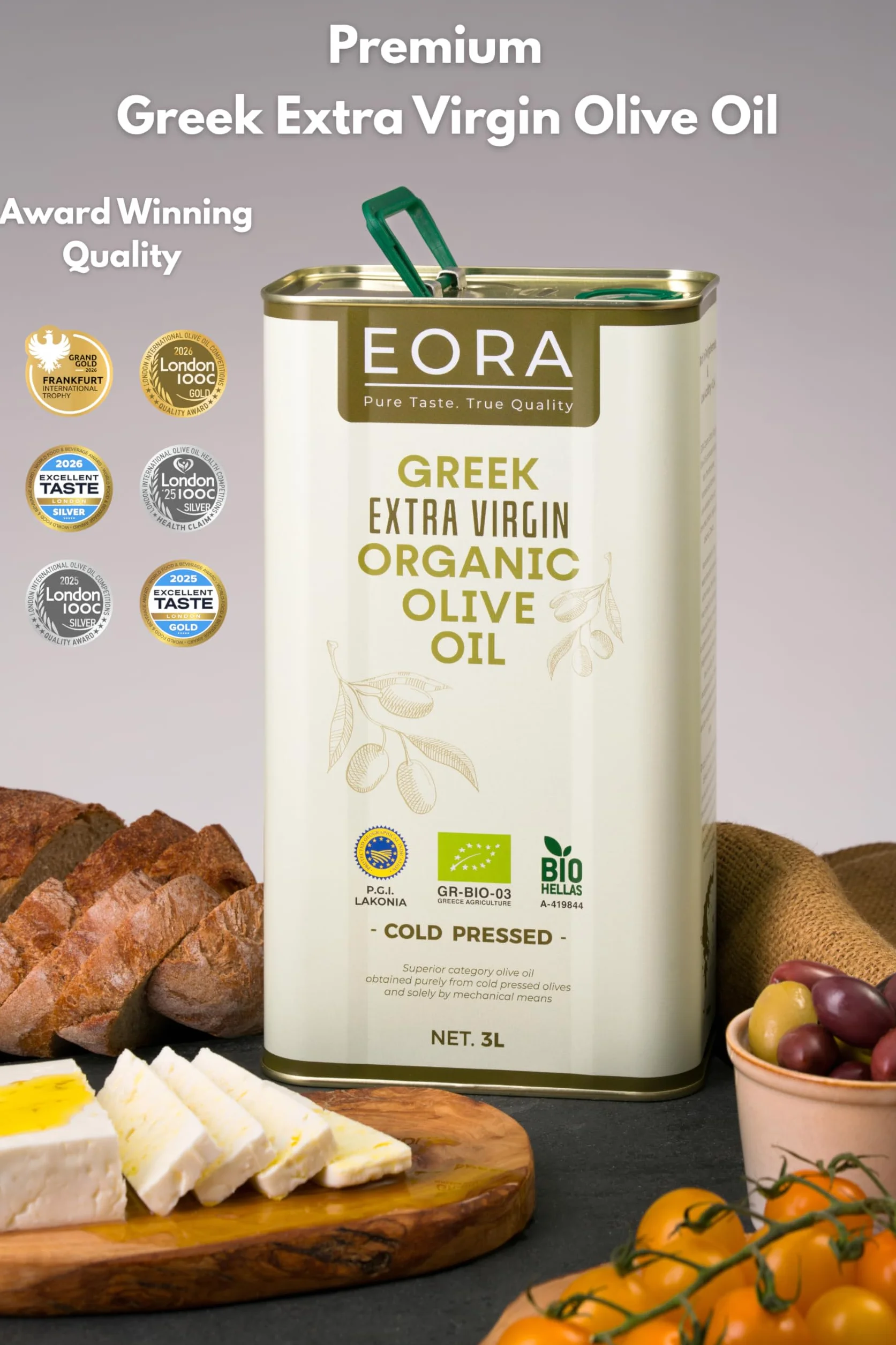 EORA Grecka Oliwa z Oliwek Extra Virgin 3L P.G.I. Lakonia Tłoczona na Zimno