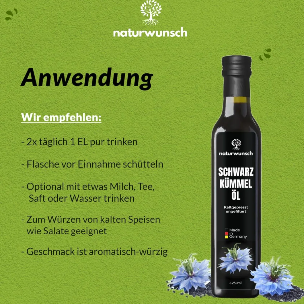 naturwunsch Olej z czarnuszki 250 ml, niefiltrowany, tłoczony na zimno, świeży z Niemiec, 100% czysty olejek z czarnuszki sativa