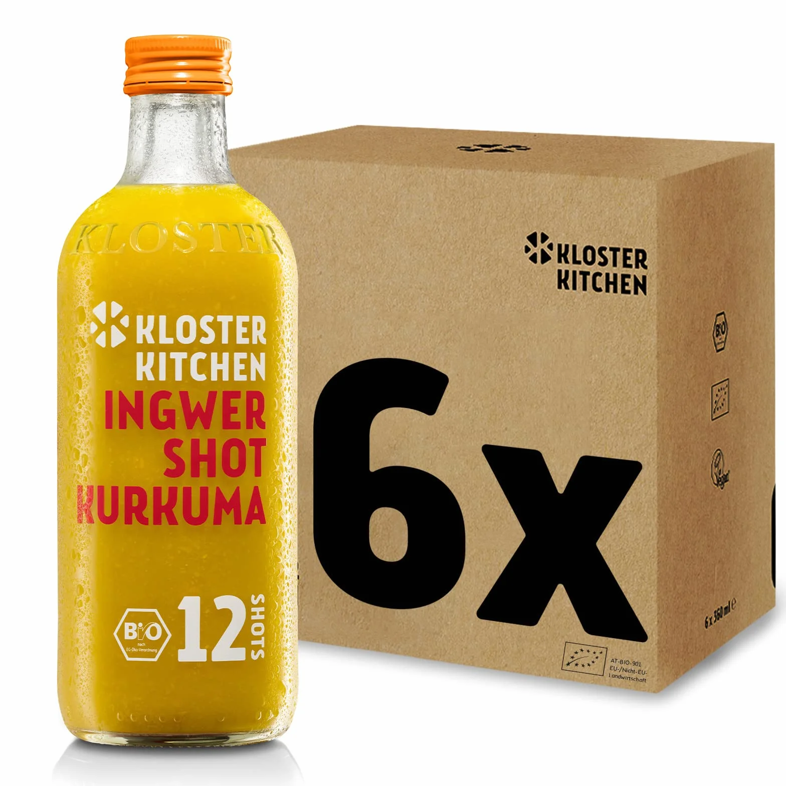 Kloster Kitchen Bio imbir Shot Kurkuma 6 x 360 ml z prawdziwymi kawałkami imbiru, szotki imbiru z kurkumą w szklanej butelce