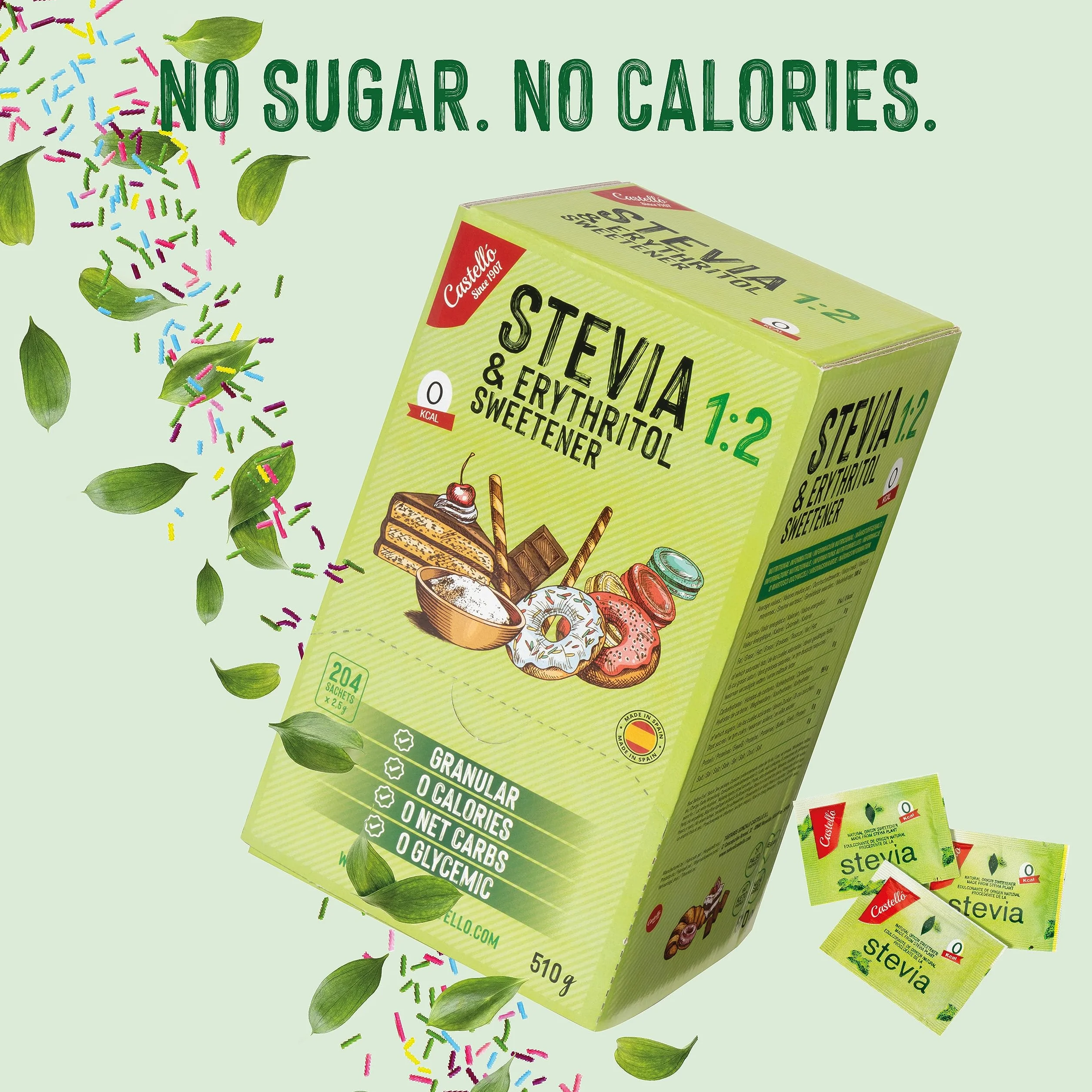 Castello Słodzik Stevia Erytrytol 1:2 204 saszetki 2,5g 0 Kalorii Keto Paleo Bez GMO