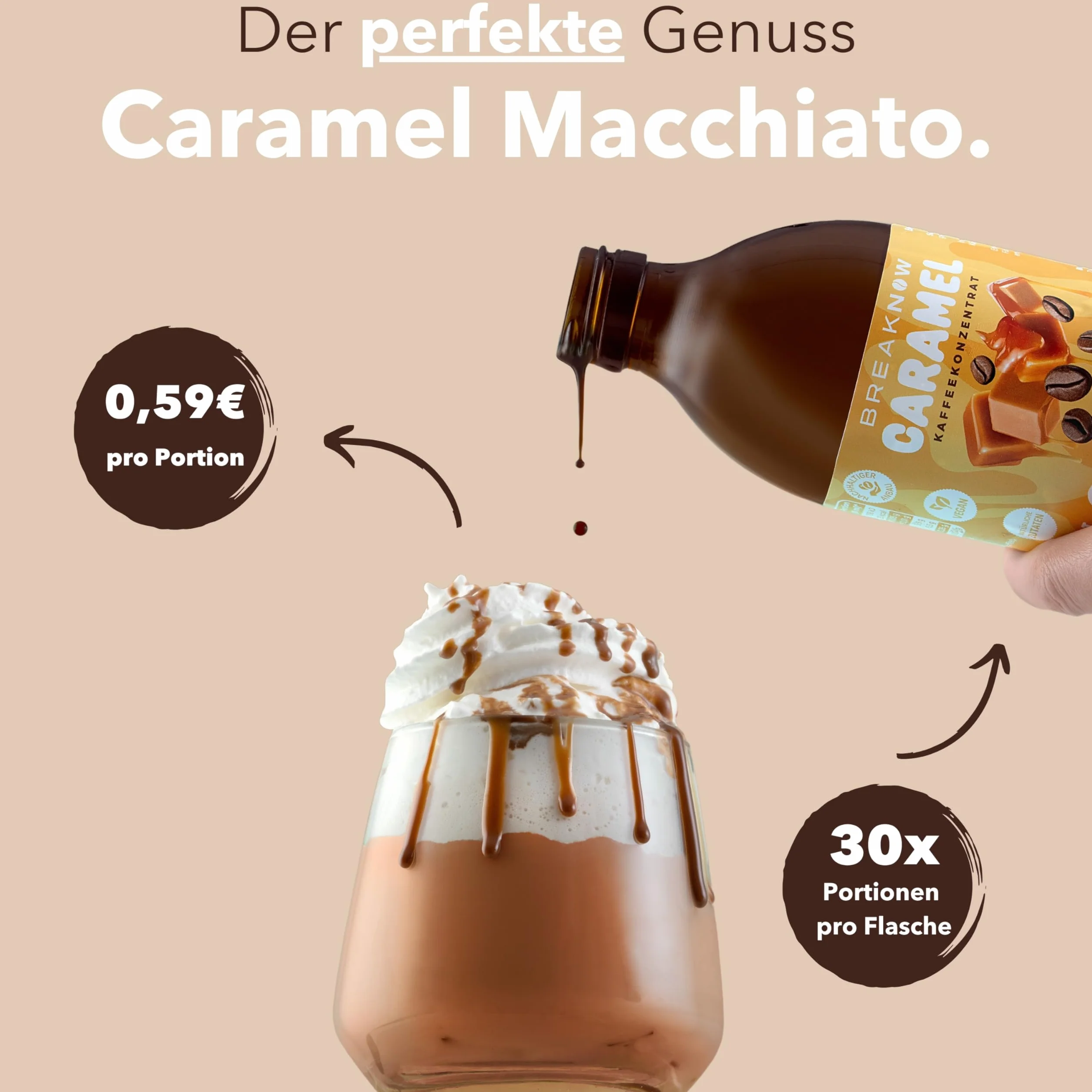 BreakNow – Caramel Macchiato – koncentrat kawy – o pysznym karmelowym aromacie – syrop kawowy, do kawy mrożonej, Cold Brew, Cappuccino, Frappé itd. – kawa gotowa w zaledwie 10 sekund – 1 butelka = 30