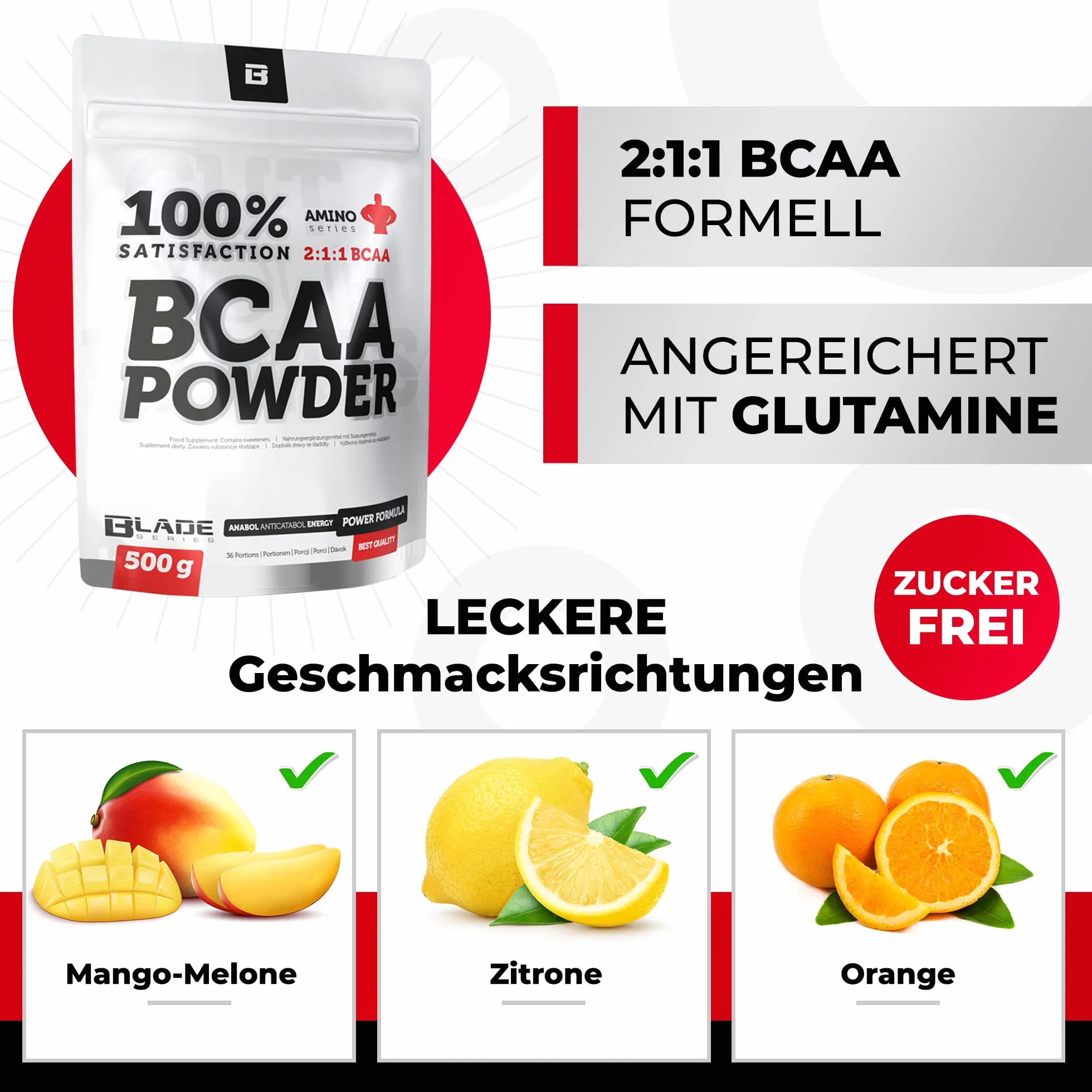 100% proszek BCAA + glutamina - 500g - BLADE Series o smaku mango melon