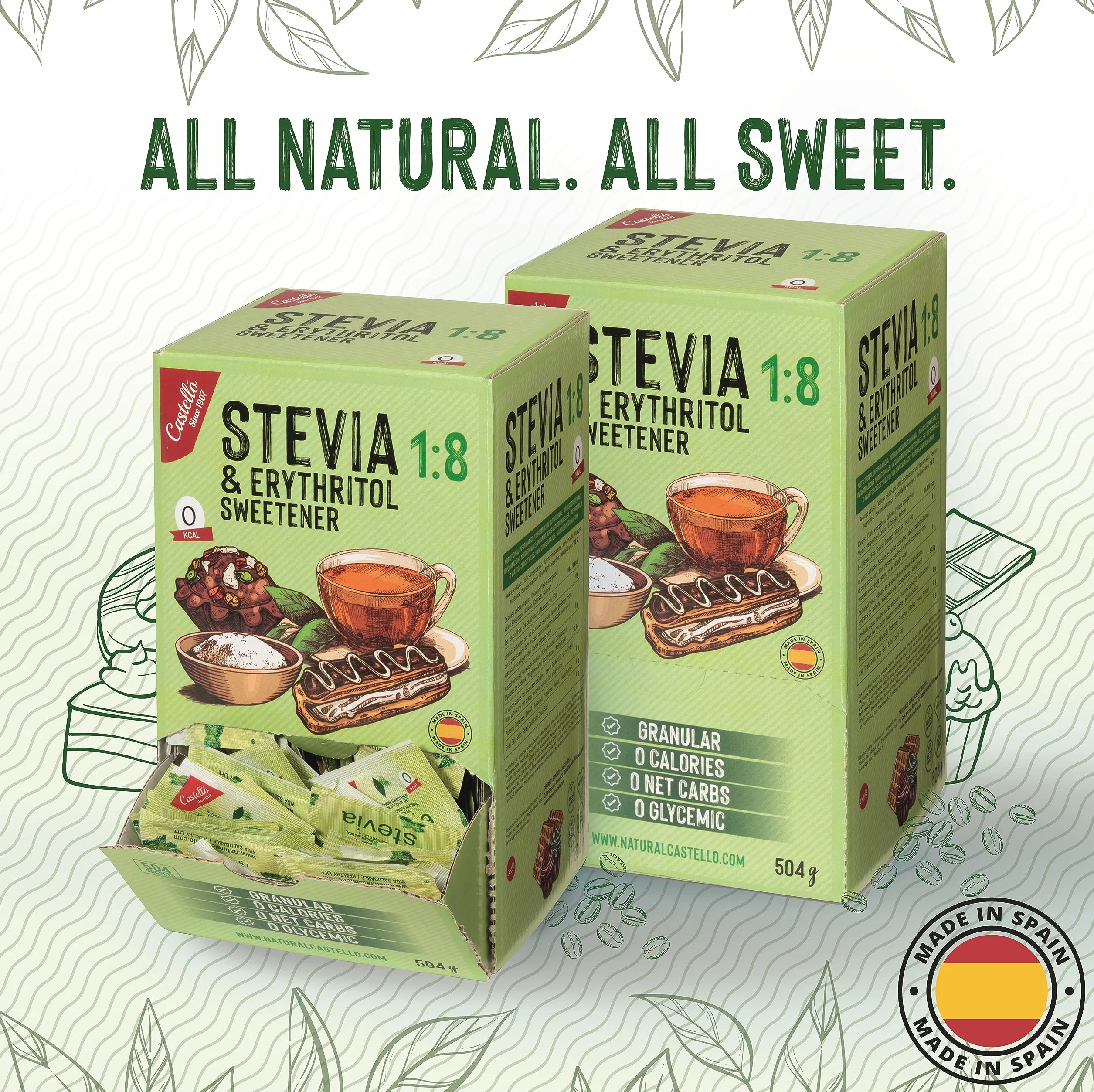 Słodzik Stevia + Erytrytol 1:8 | 504 saszetki po 1g | Słodzik o 100% naturalnym smaku - 0 Kalorii - 0 Indeks Glikemiczny - Keto i Paleo - 0 Węglowodanów Netto - Bez GMO - Castello since 1907-504 g