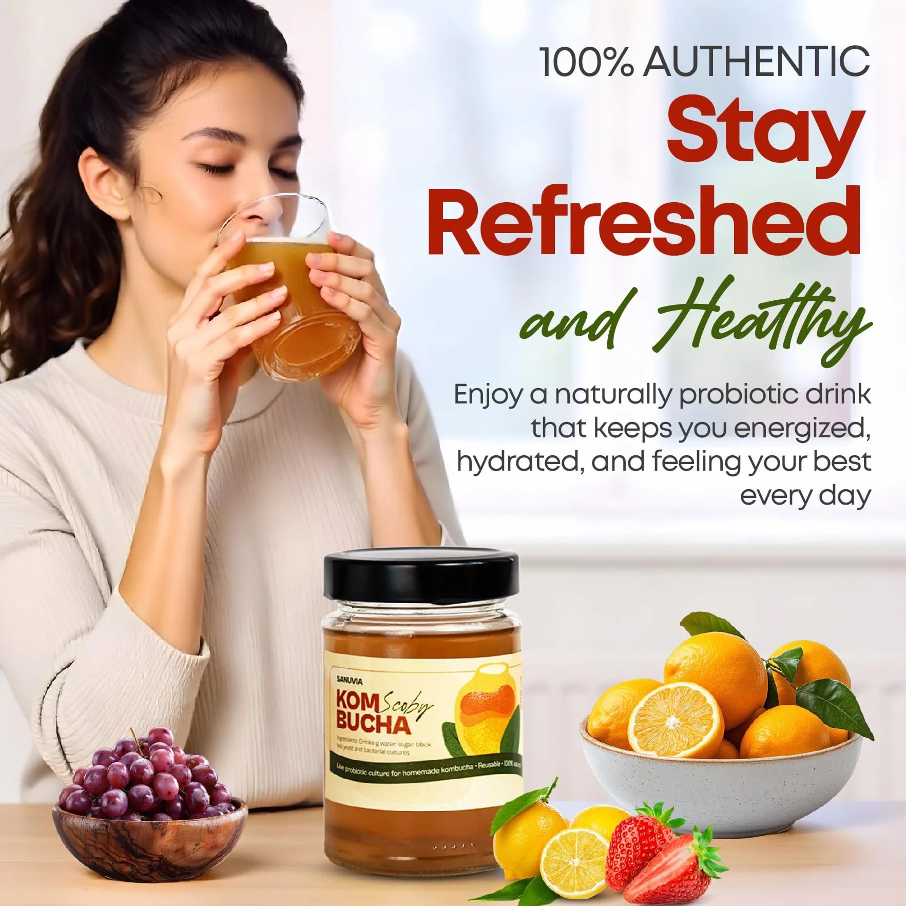 SANUVIA Kombucha SCOBY Starter Culture – Grzybek herbaciany z 300 ml herbaty startowej w szklanym słoiku – Wegański, żywa kultura, wielokrotnego użytku – Instrukcje na etykiecie – 100% naturalny