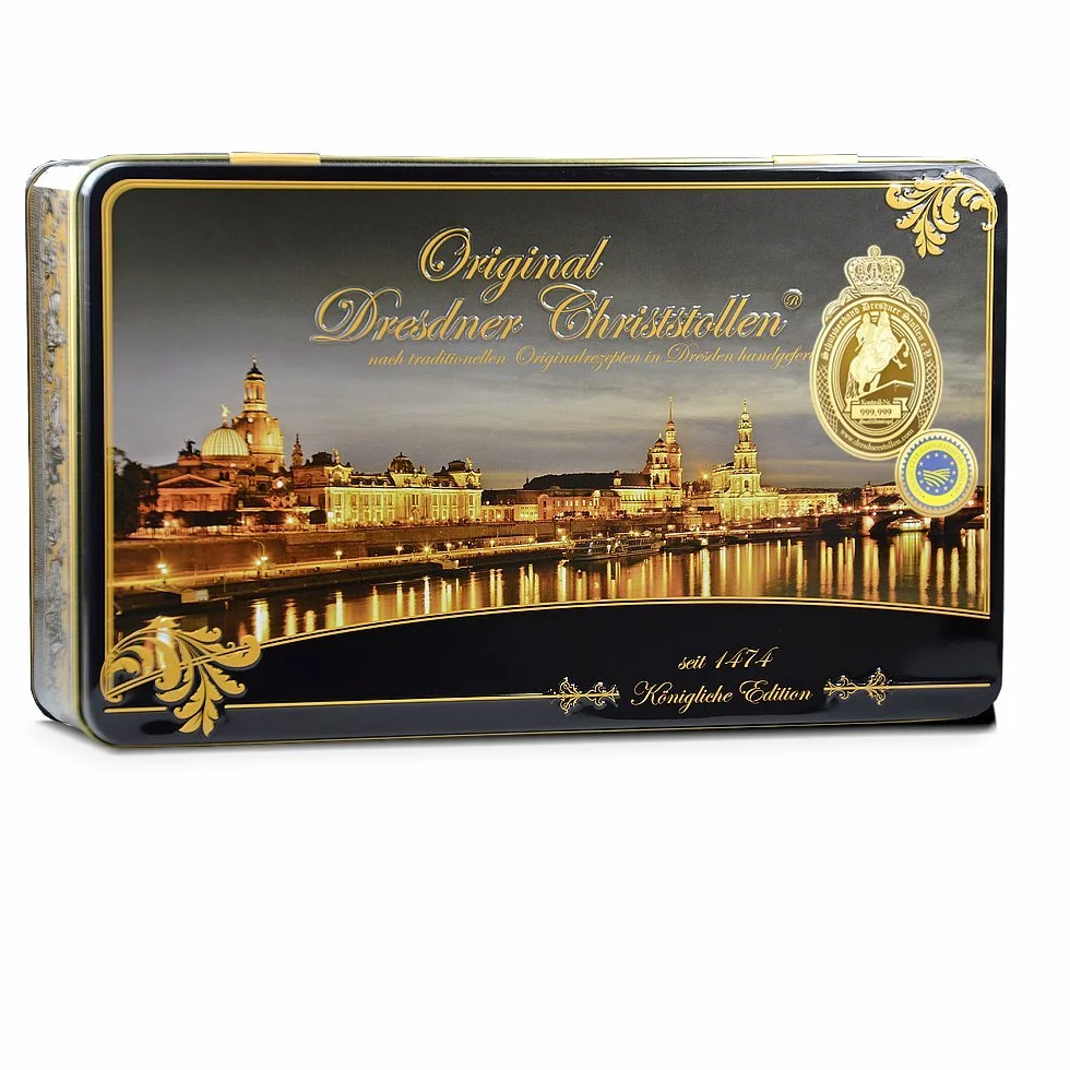Backstube Sven Hennig 1000 g ręcznie wykonany "Original Dresdner Christstollen" w aluminiowej puszce prezentowej z motywem "Canaletto bei Nacht"