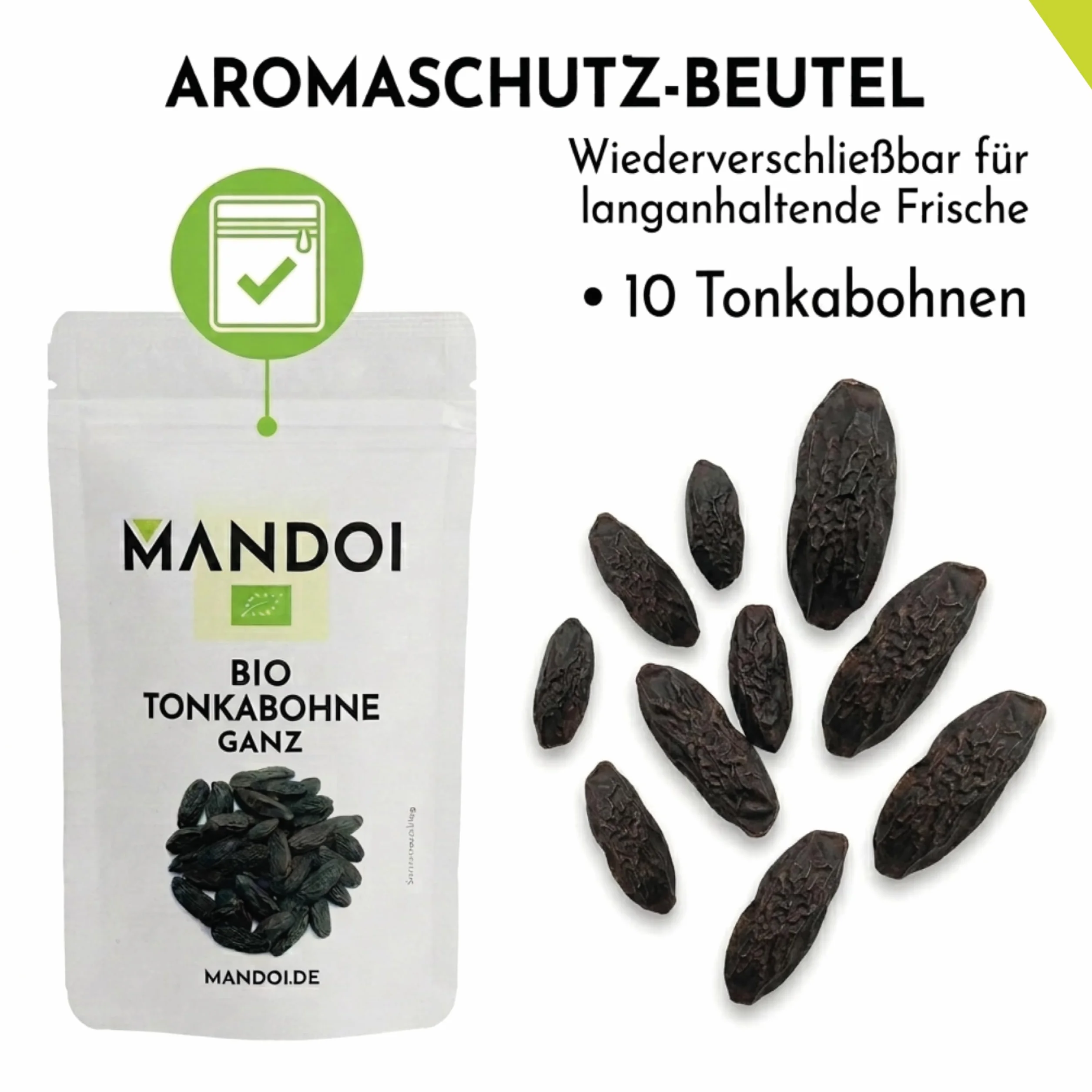 Mandoi BIO Tonkabohne ganz, 10 Stück. Premium BIO Tonkabohnen aus Brasilien. Tonka Bohne Gin Gewürze