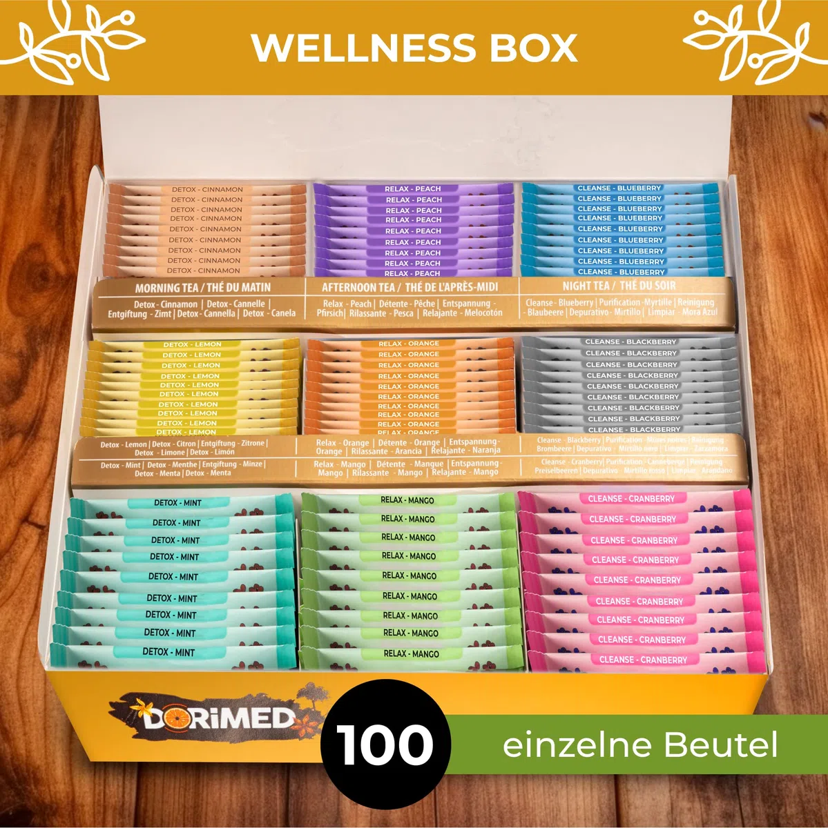 Dorimed Asortyment herbaty - Pudełko na prezent - Herbata Wellness (100% naturalna, bez cukru, glutenu i GMO) - 100 saszetek, 6 smaków - 3 oczyszczające, 2 Detox, 1 uspokajający