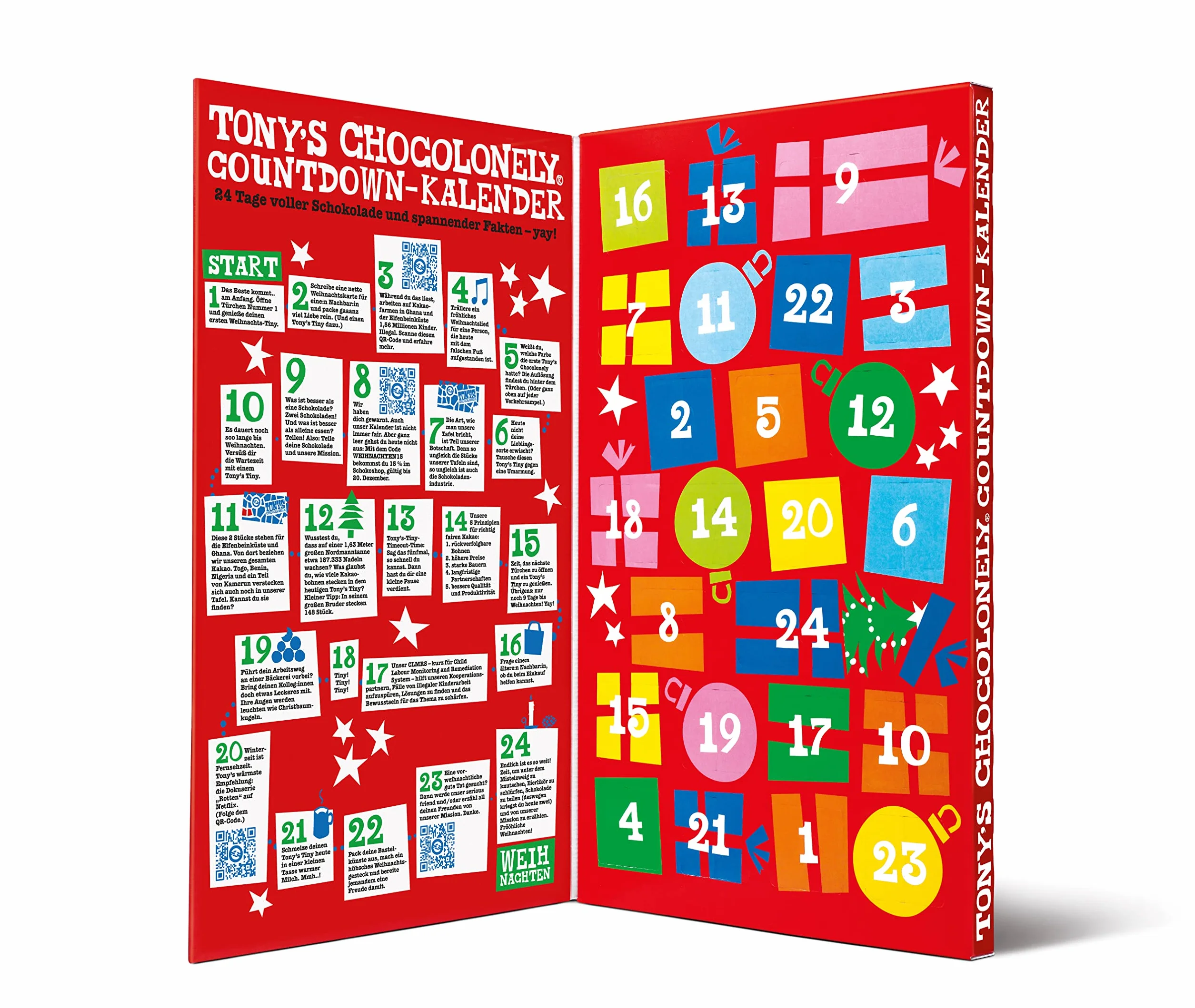 Kalendarz adwentowy TONY'S CHOCOLONELY Tiny Tony's 10 rodzajów czekolady Fairtrade 24 drzwiczki