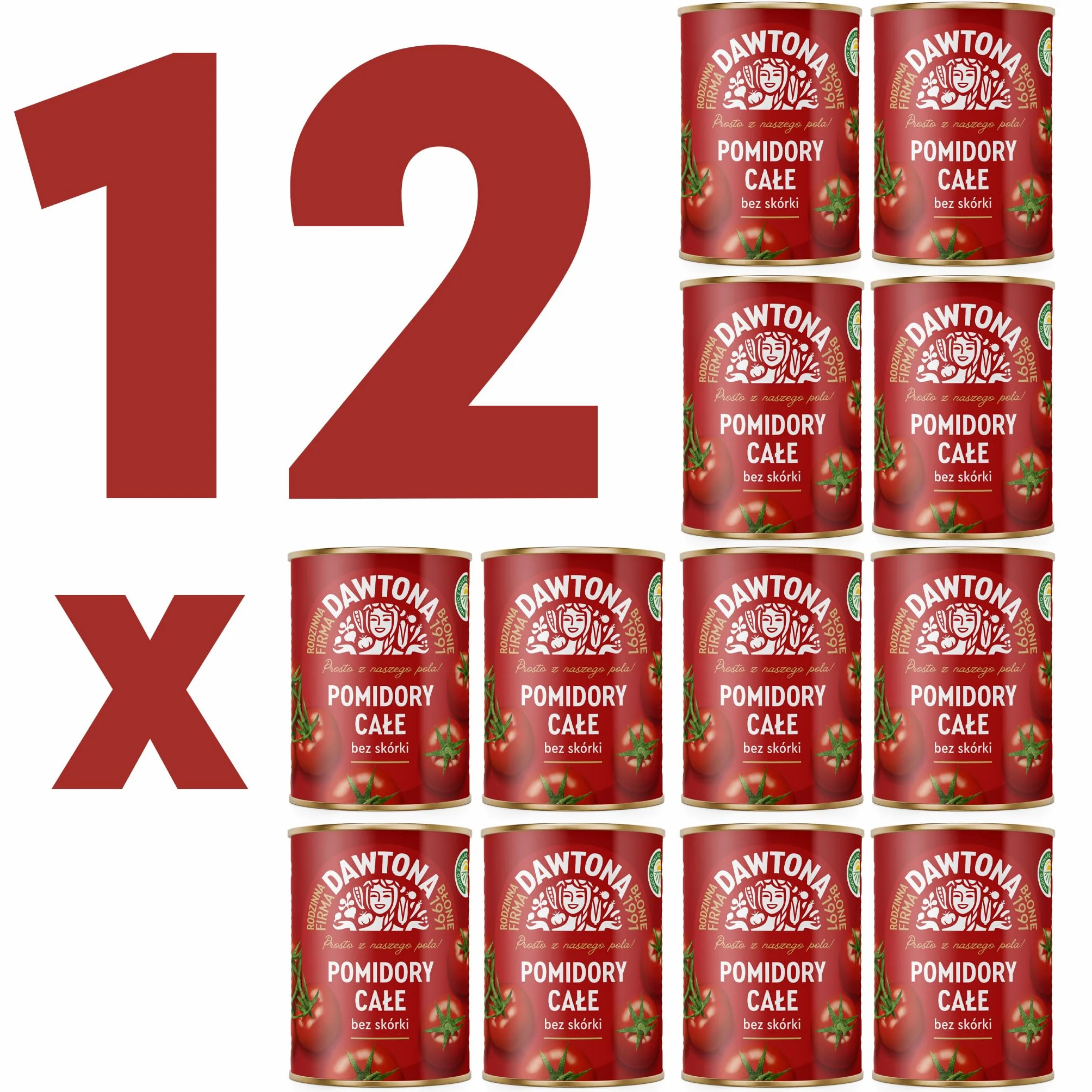 DAWTONA Pomidory całe bez skórki 12 x 400g - W soku pomidorowym, bez konserwantów - W puszce - Idealne do sosów, zup i dań jednogarnkowych