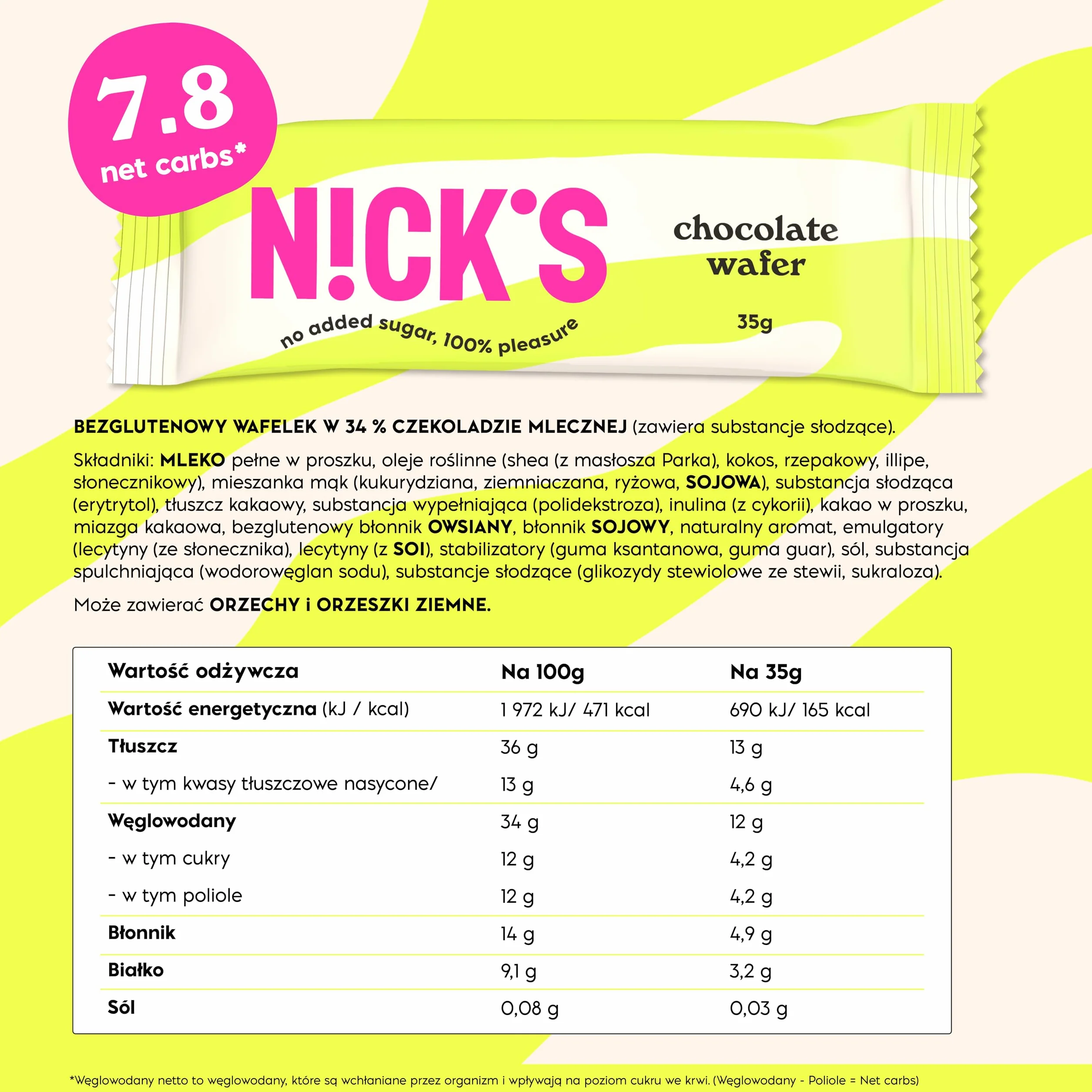 NICKS Chocolate Wafer Batony Czekoladowe Niskowęglowodanowe Bez Dodatku Cukru Bezglutenowe 9x35g