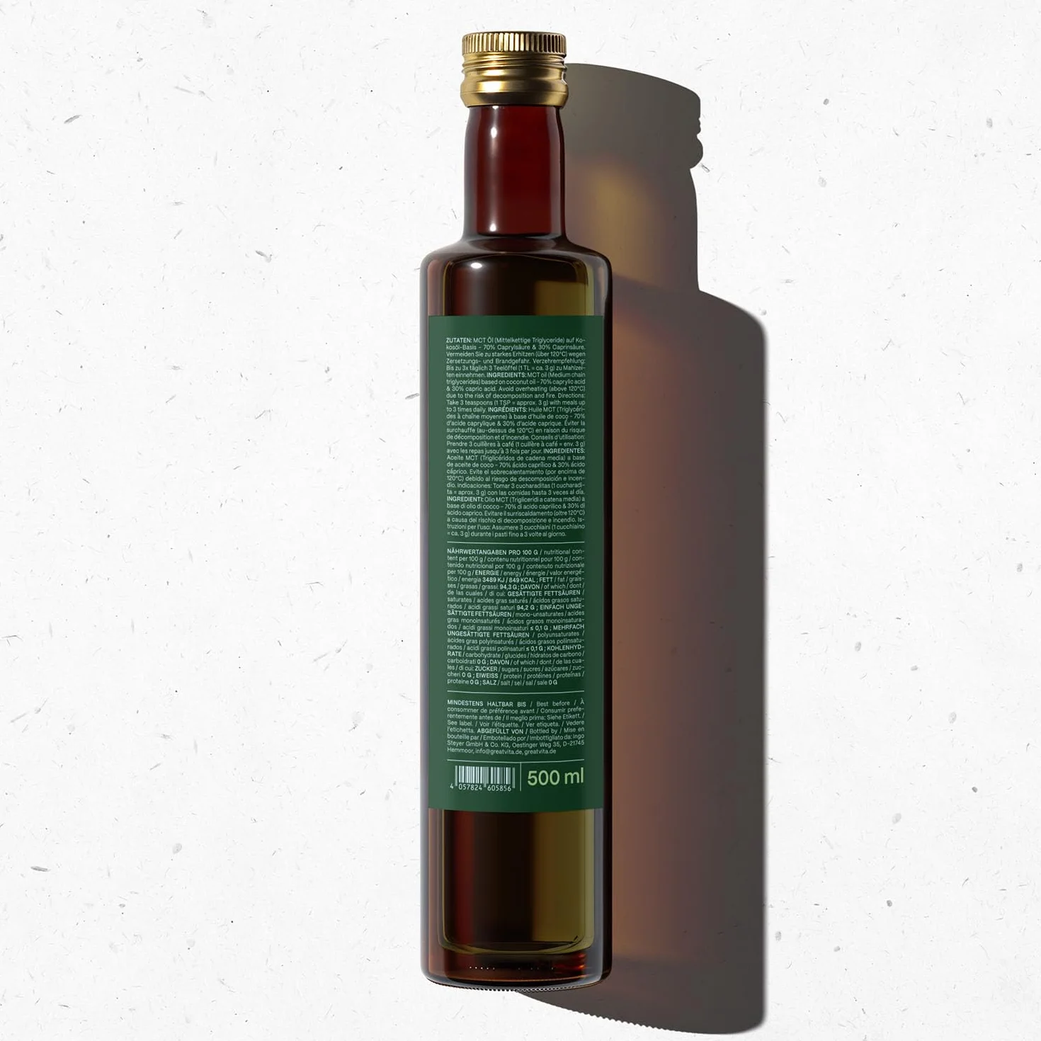 Olej MeaVita MCT na bazie oleju kokosowego (1 x 500 ml) C8 & C10, wysoka jakość, 70% kwasu kaprylowego i 30% kwasu kaprowego