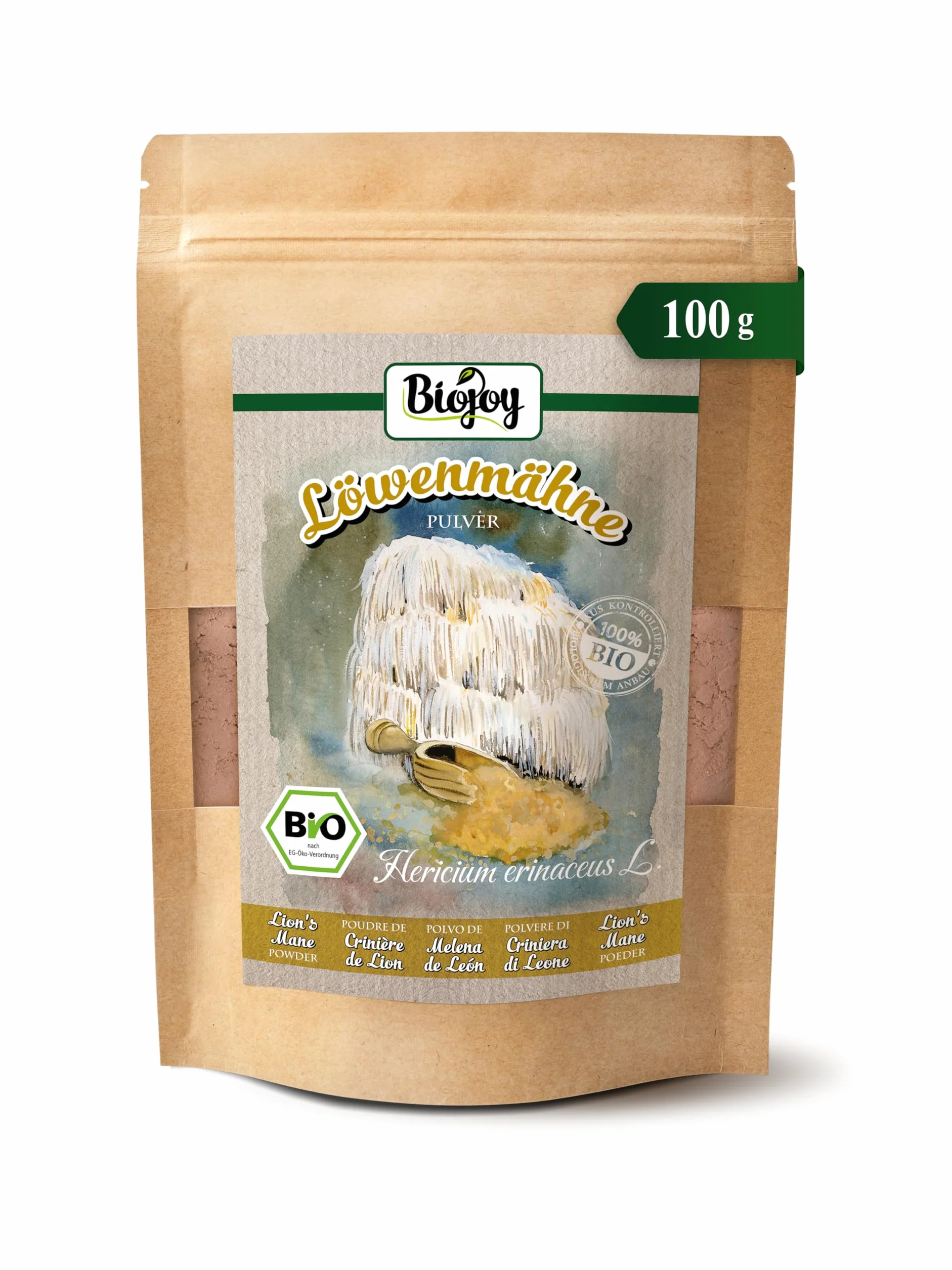 Biojoy Organiczny Grzyb Lwia Grzywa w proszku (100 g), Lion’s Mane, Soplówka Jeżowata suszona i drobno mielona (Hericium erinaceus L.)