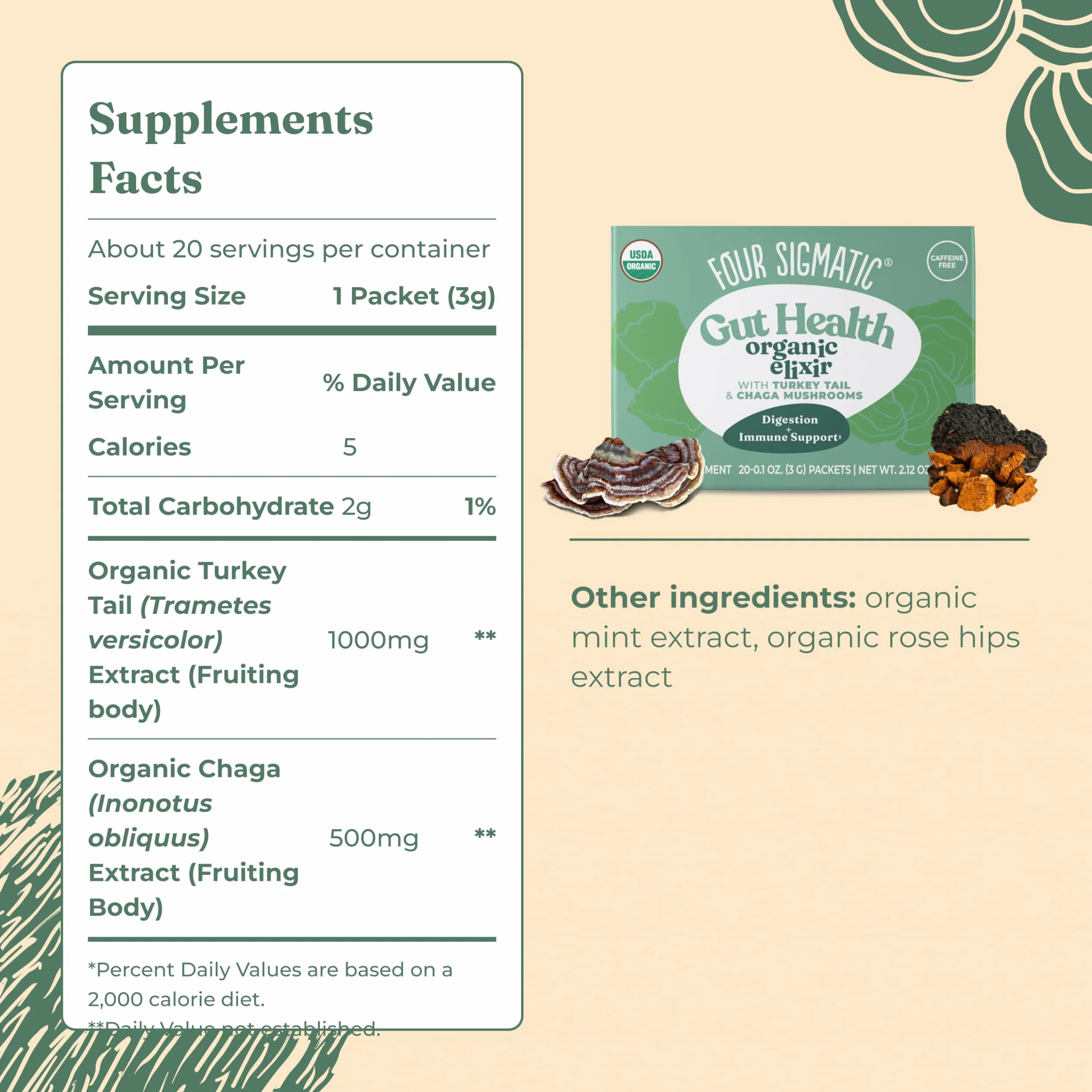 Four Sigmatic Chaga Mushroom Elixir | Coffee Alternative with Organic Chaga Mushroom Powder, Rose Hips & Mint | Immune Support & Overall Wellness, 0.1 Oz (Pack of 20)