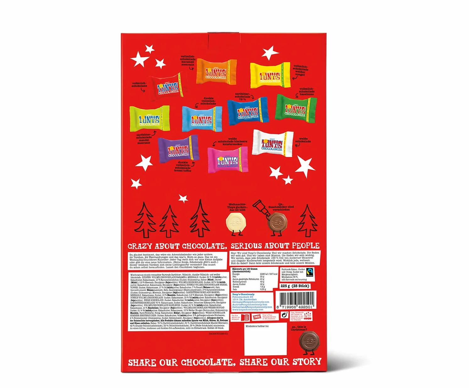 Kalendarz adwentowy TONY'S CHOCOLONELY Tiny Tony's 10 rodzajów czekolady Fairtrade 24 drzwiczki