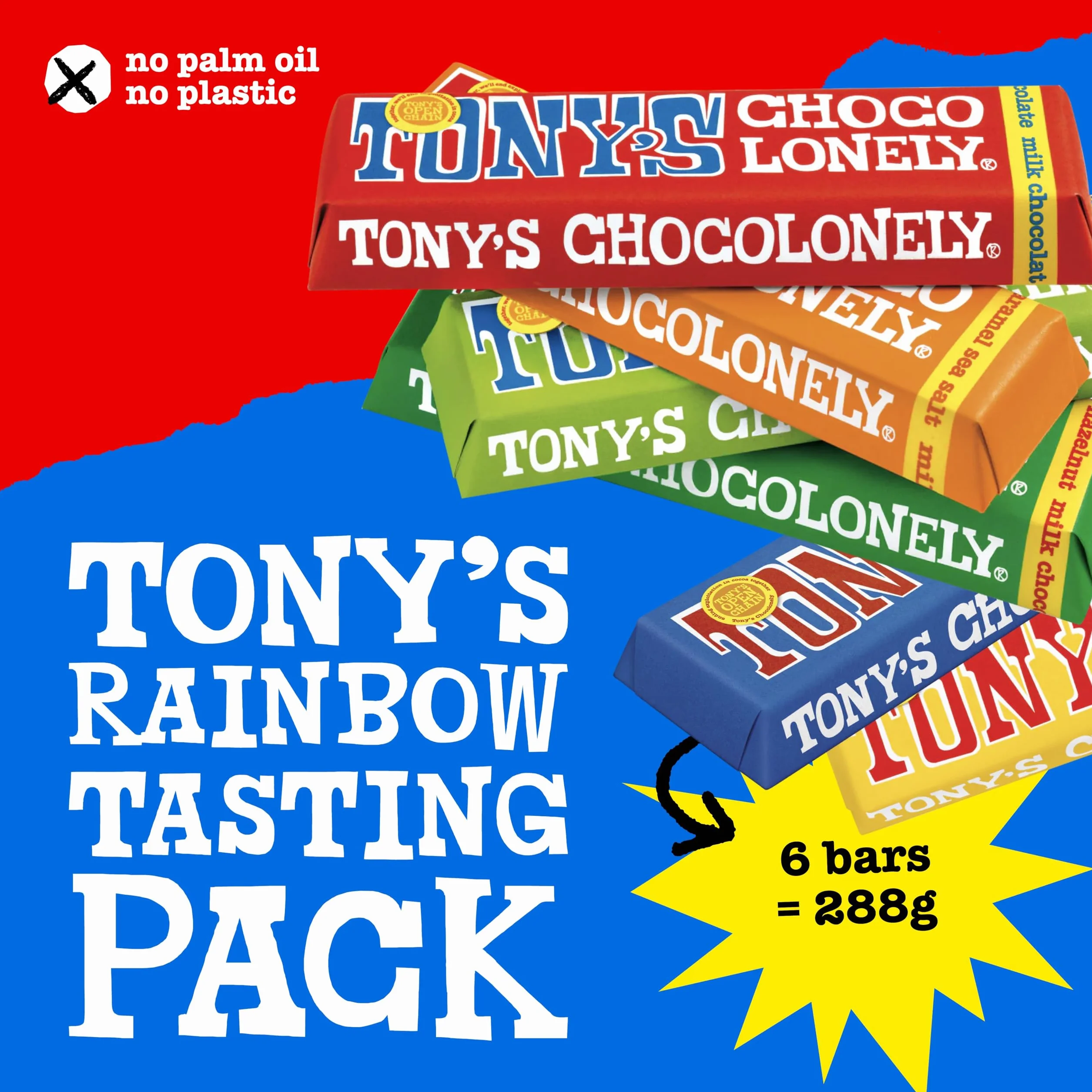 Tony's Chocolonely Rainbow Tasting Pack - 288 g, małe batoniki czekoladowe, pudełko upominkowe, 6 smaków, wegetariańska - belgijska czekolada Fairtrade