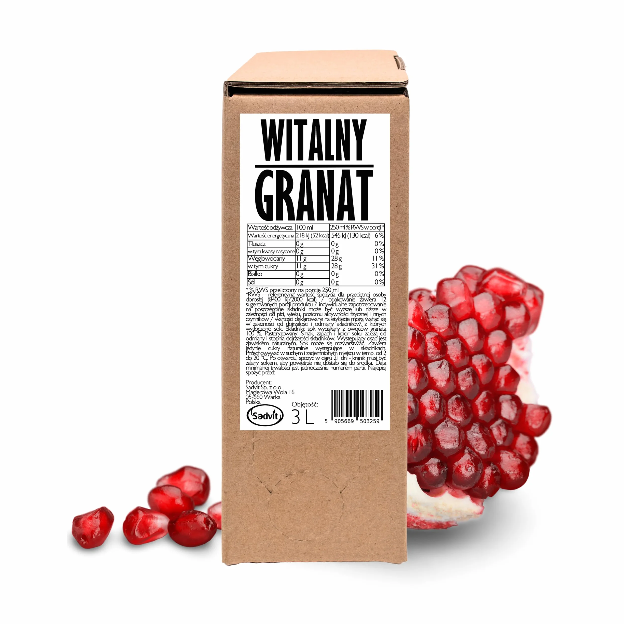 Sadvit | Witalny Sok z Granatu nie z koncentratu | 3L Bag in Box Sok owocowy NFC | Tłoczony Mętny Intensywny | Bez Dodatku Cukru i Konserwantów | Z Całych Owoców Bez Dodatku Wody | Wygodne opakowanie