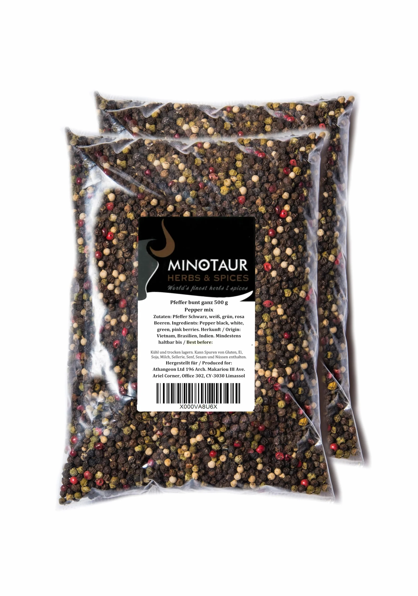 Minotaur Spices | Mieszanka Pieprzu | 2 x 500g (1 Kg) | Pieprz Kolorowy z Czarnego, Białego, Zielonego Pieprzu i Różowych Jagód
