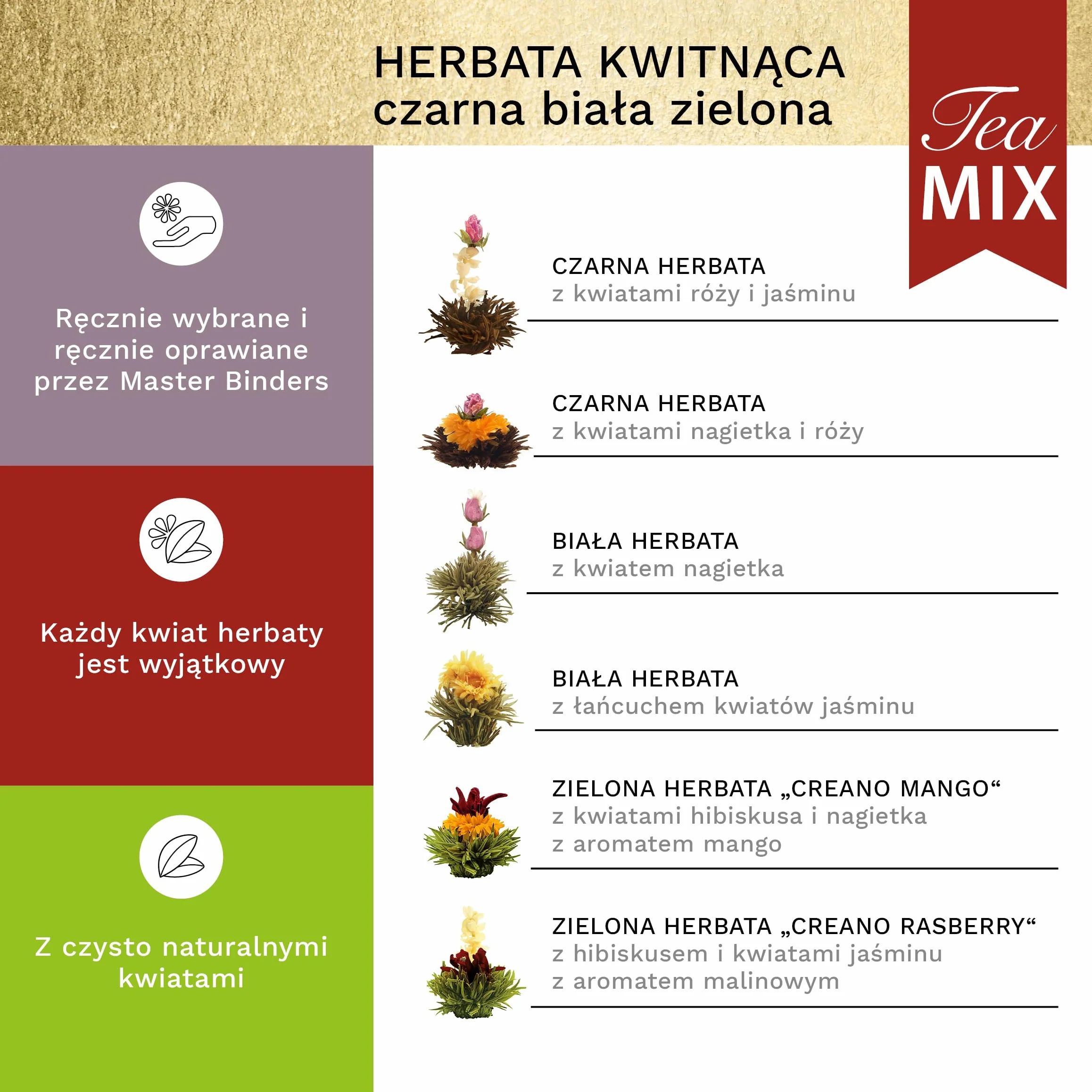 Zestaw prezentowy Creano 6 Tea Flower: biała, czarna i zielona herbata w eleganckim magnetycznym pudełku ze srebrnym tłoczeniem – 6 różnych odmian – prezent świąteczny