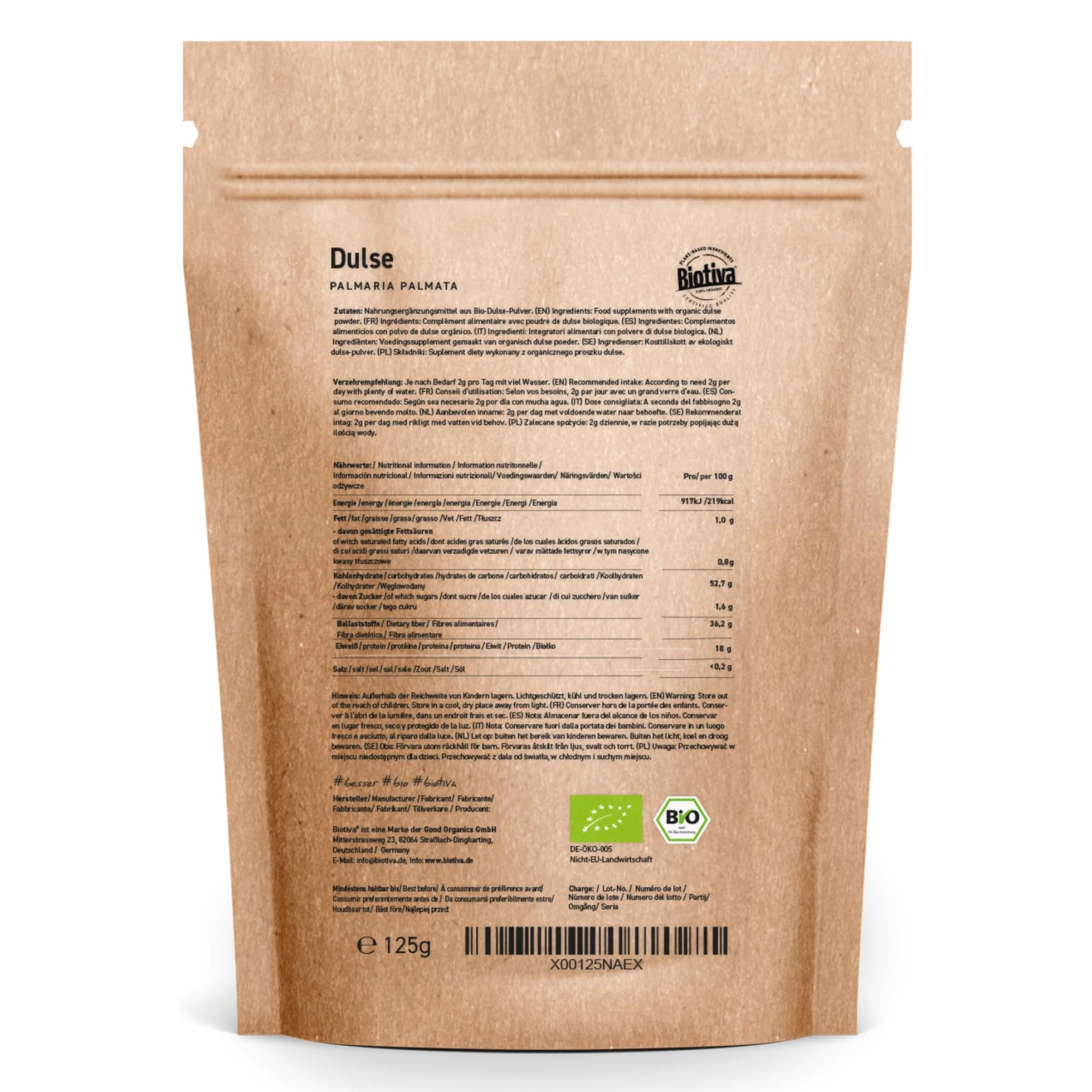 Biotiva Dulse Bio proszek 250 g (2 x 125 g) Palmaria Palmata czerwone algi Superfood bez dodatków